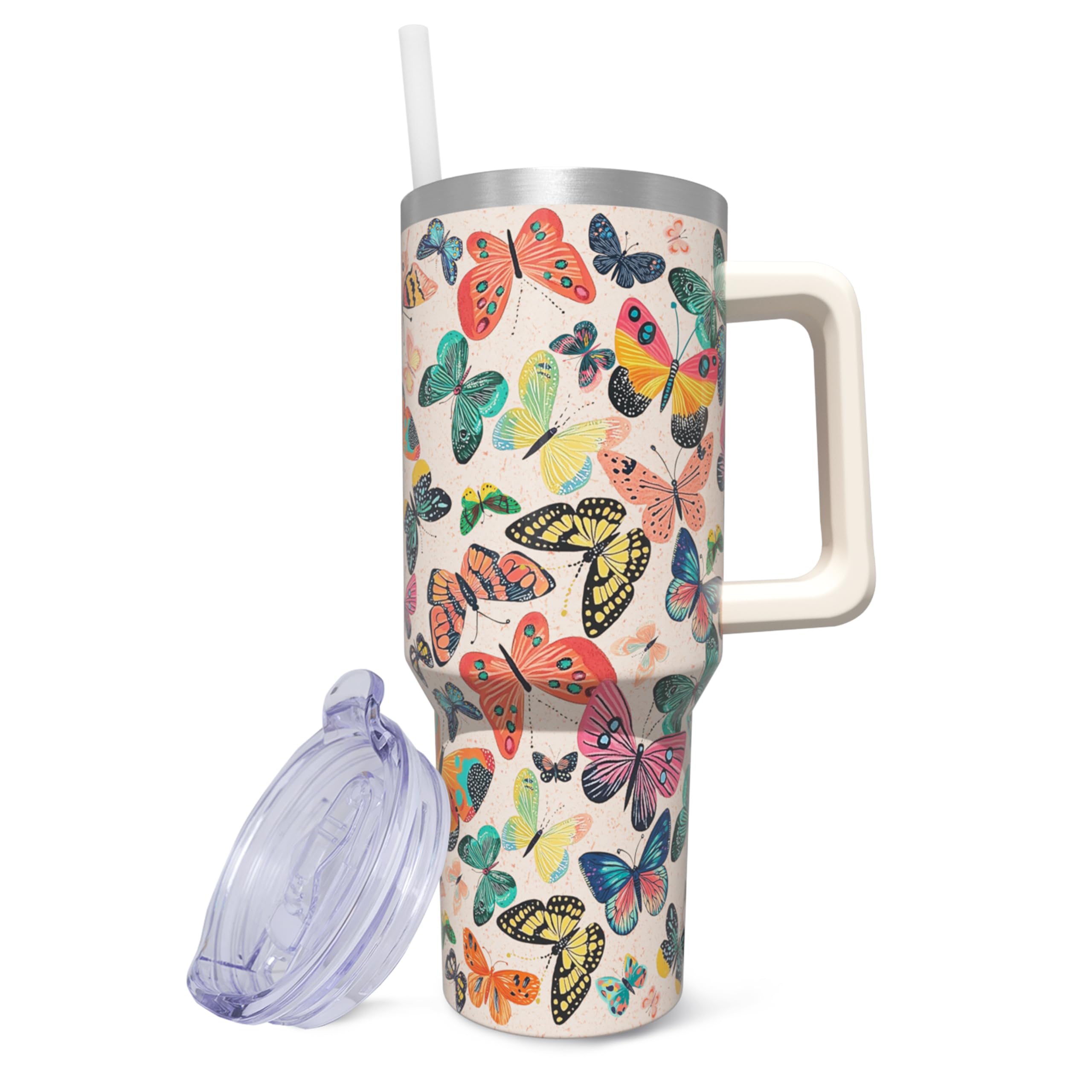 ZNYYZYBA 40 oz Tumbler With Handle and Straw, Stainless Steel Insulated Butterfly Tumbler, Reusable Coffee Mug With Leak Proof L