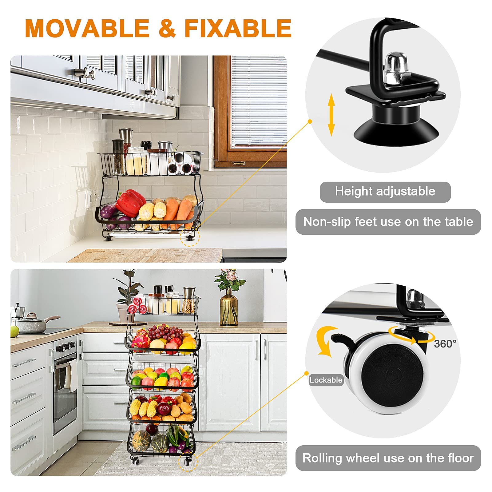 Fruit Vegetable Storage Basket  5 Tier Stackable Metal Wire Storage Baskets with Wheels  Fruit Vegetable Produce Basket Organizer Bins for Kitchen  Pantry  Bathroom