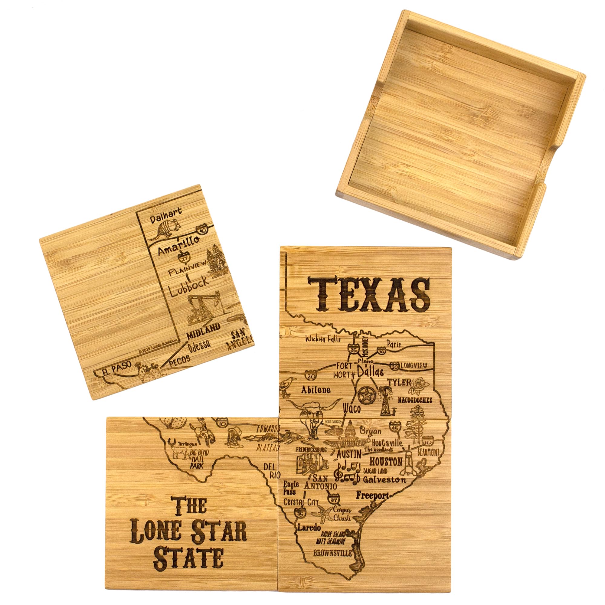 Totally Bamboo Texas State Puzzle 4 Piece Bamboo Coaster Set With Case