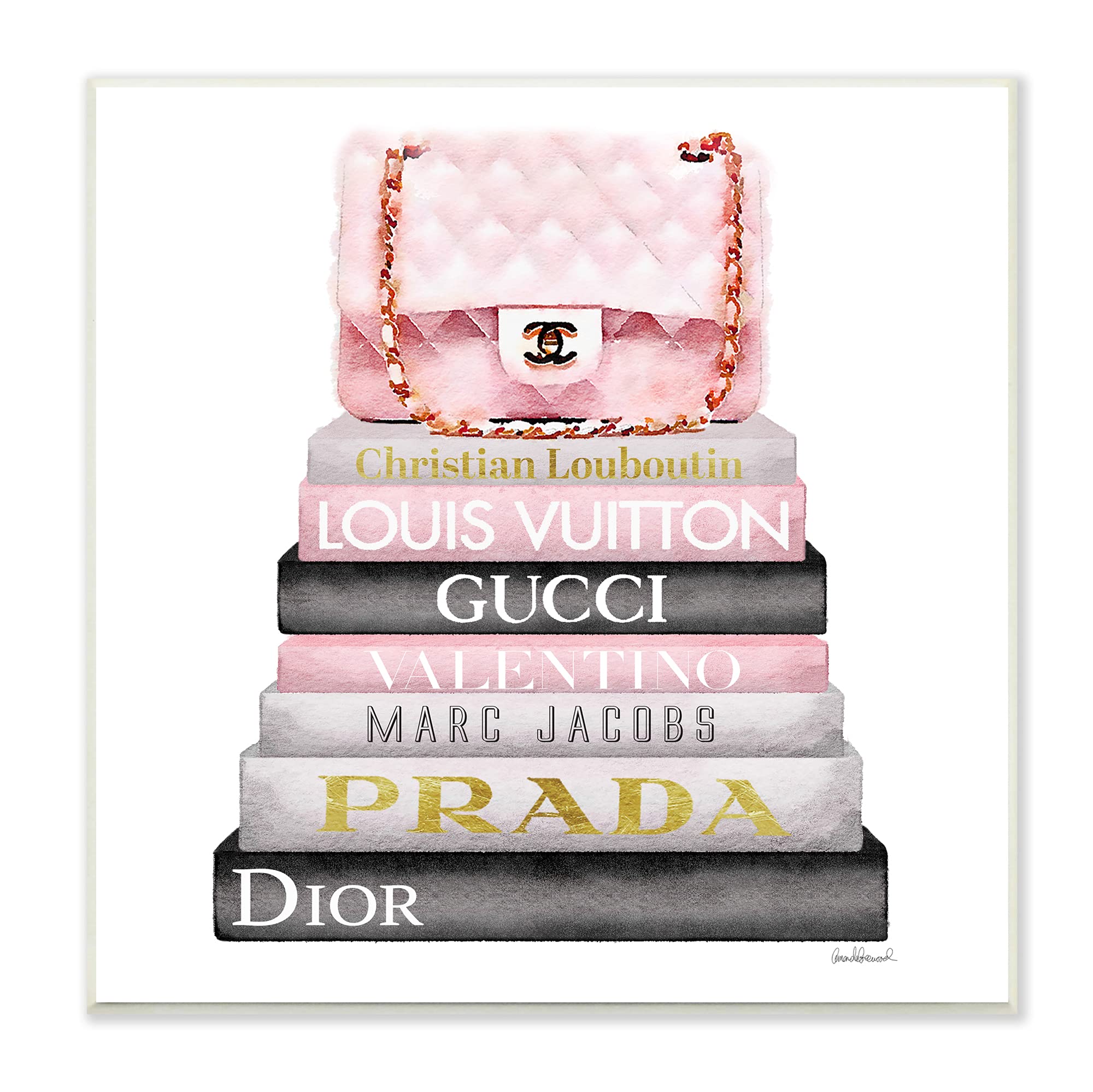 The Stupell Home Decor Collection Watercolor High Fashion Bookstack Padded Pink Bag Wall Plaque Art, 12 X 12, Pink, For Bedroom