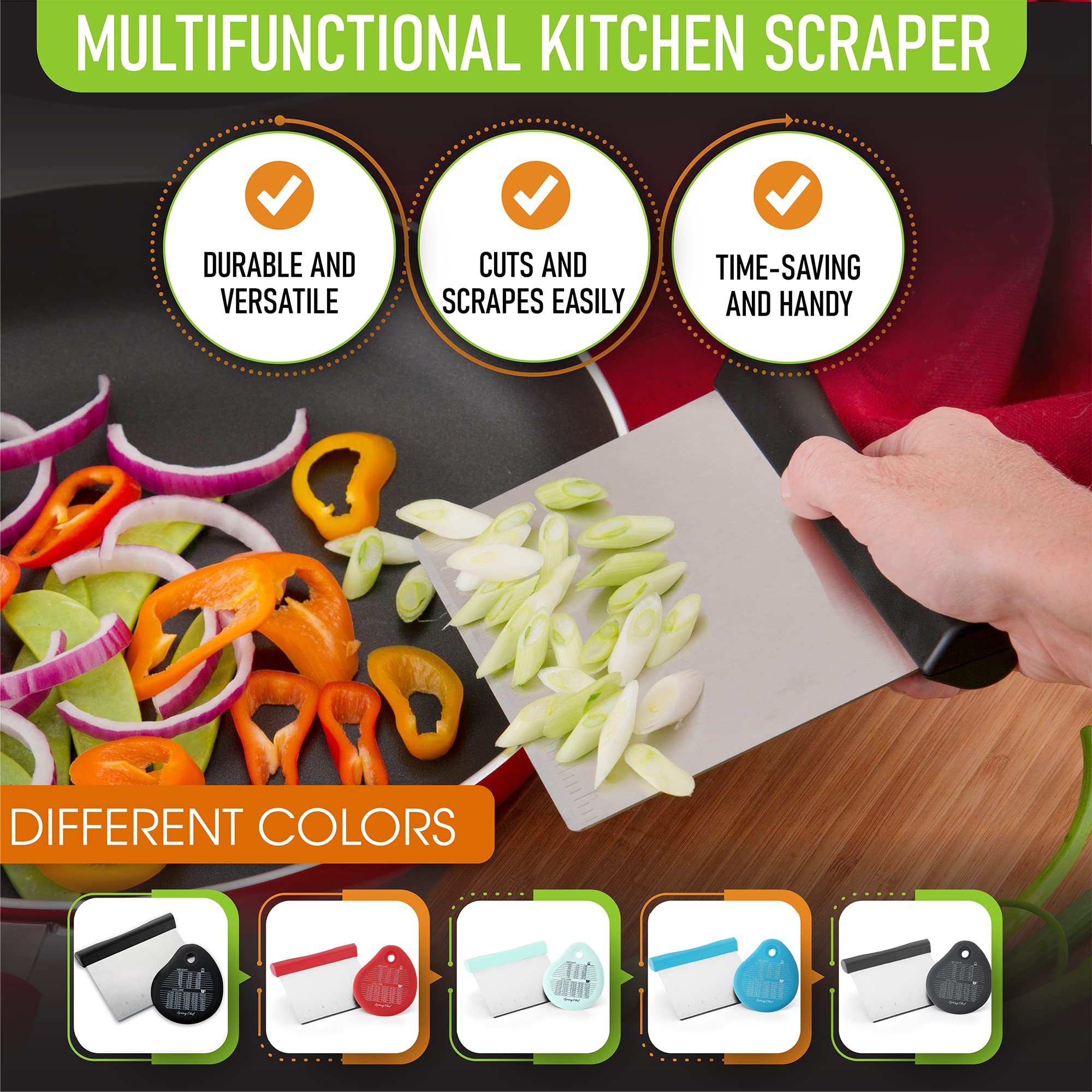 Spring Chef - Bench Scraper  Stainless Steel Scraper  Pastry Scraper  Pizza and Dough Cutter  With Bonus Bowl Scraper  Black