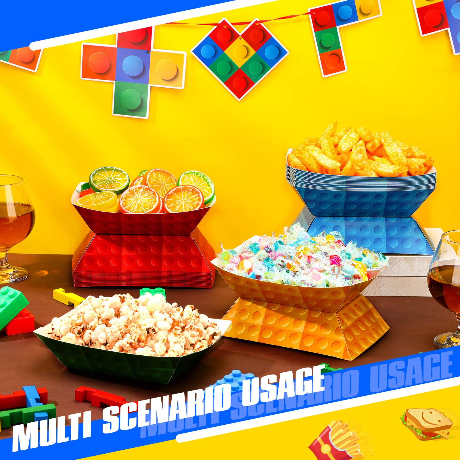 Ctosree 60 Pcs Building Block Favor Paper Food Trays Large Brick Theme Party Disposable Serving Tray Food Boats Nacho Trays Hot