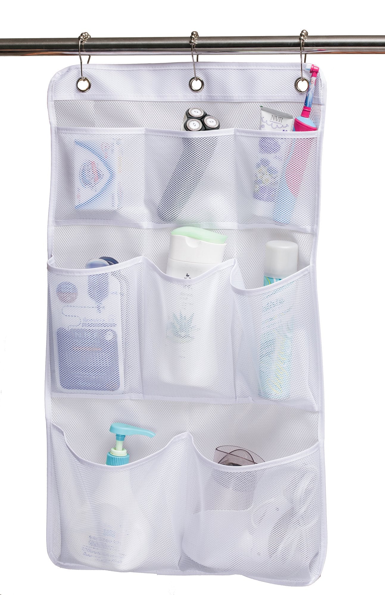 Kimbora Mesh Shower Organizer Hanging Bathroom Caddy 8 Pockets Hang Curtain Rod With 3 Rings