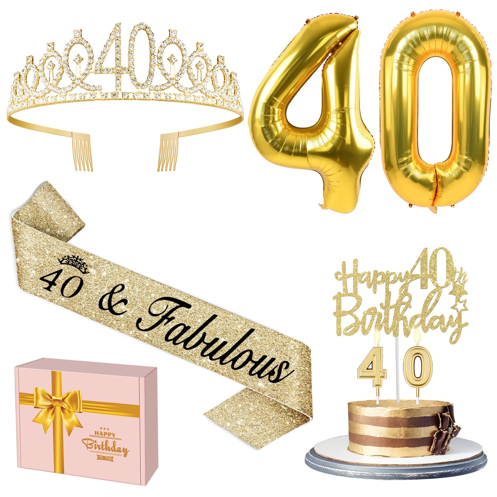 40Th Birthday Decorations Women Gold Include 40Th Birthday Sash And Tiara, Gold 40Th Birthday Cake Topper And Birthday 40 Candle