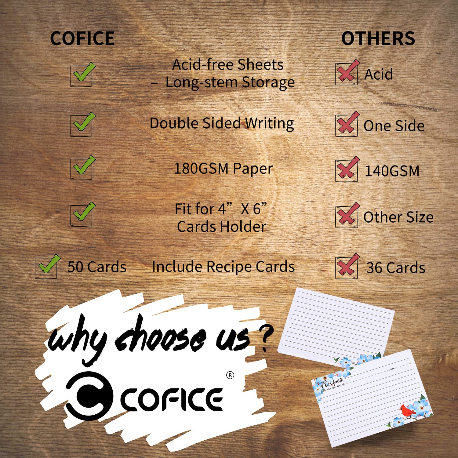 Cofice Recipe Cards 4X6 Inch, Cut Thicken Card Stock Double Sided Recipe Cards, 50-Pack (Bird)