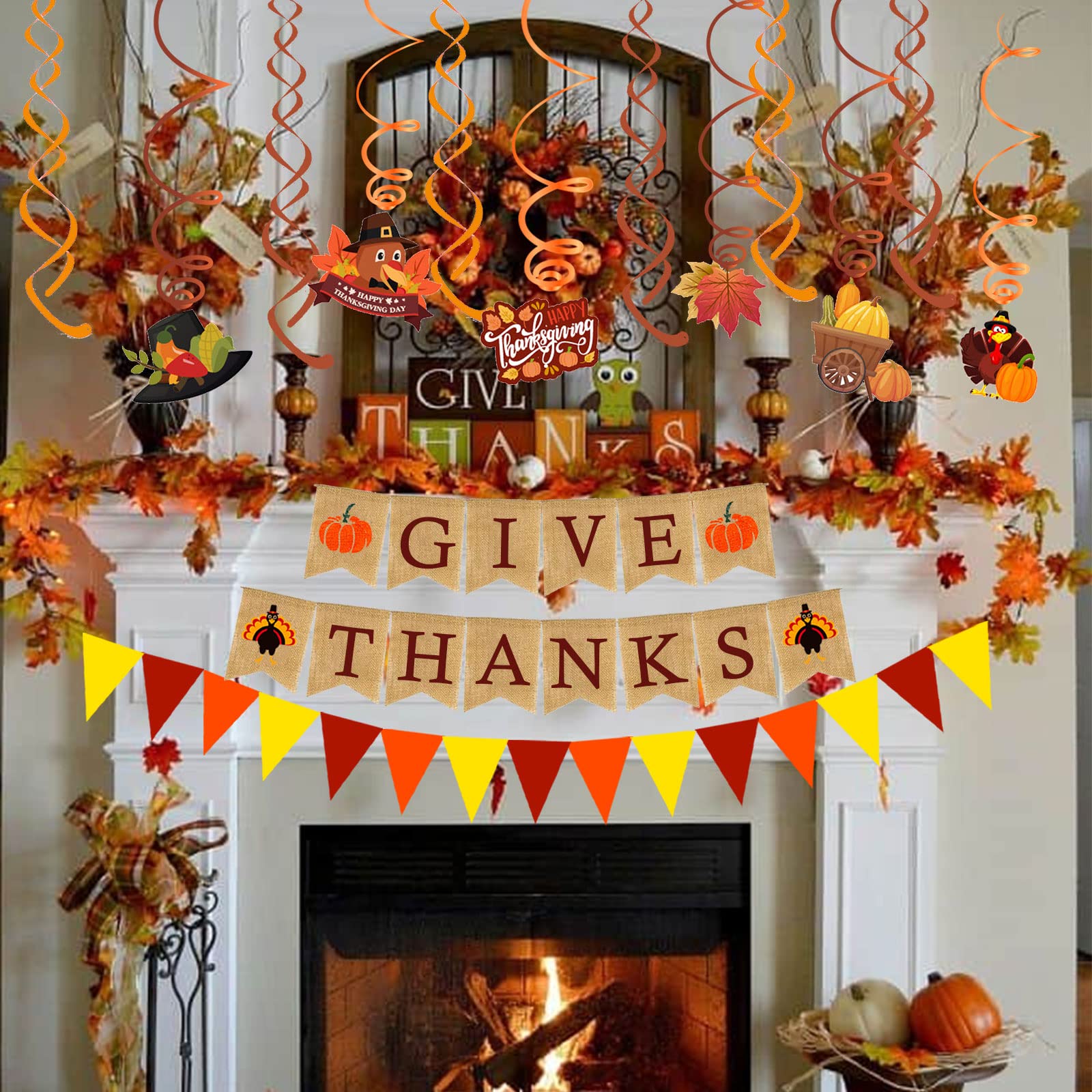 Famoby Give Thanks Burlap Banner Paper Triangular Bunting Maple Leaf Garland Plastic Streamer For Autumn Harvest Thanksgiving Da
