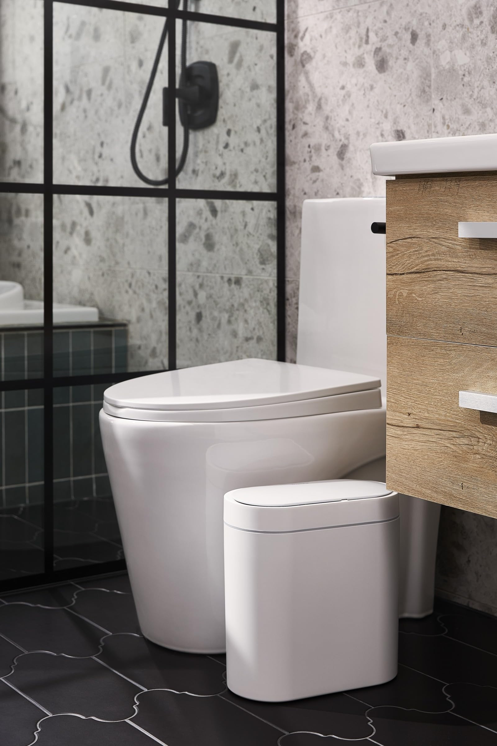 ELPHEcO Bathroom Trash can  25 gallon Waterproof Motion Sensor Small Trash can with Lids  95 Liters Slim Plastic Narrow Automatic Bedroom Trash can Office Trash can  White