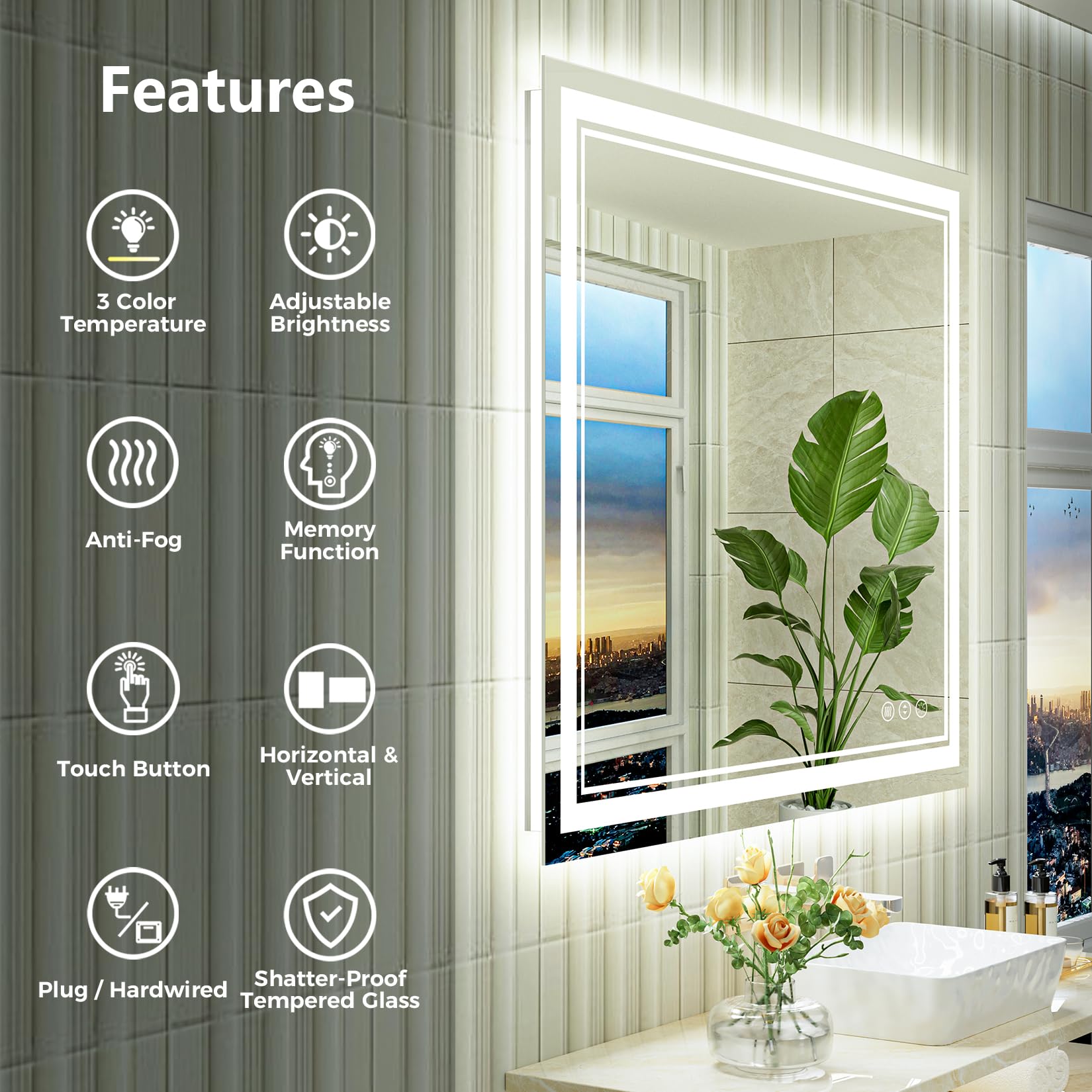 Awandee 48X40 Led Bathroom Mirror With Lights, Front And Backlit Led Mirror For Bathroom, Anti-Fog Lighted Bathroom Mirror, Dimm