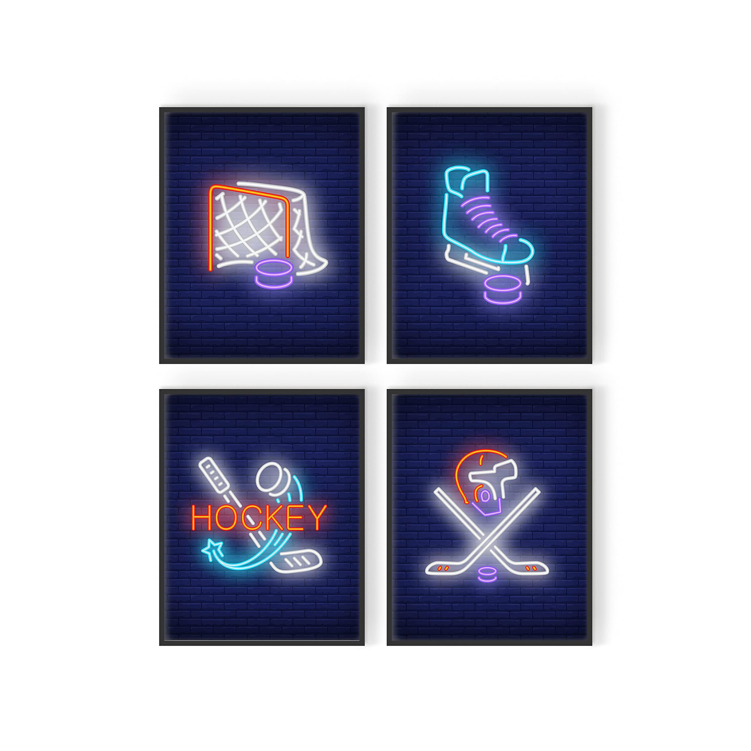 Ice Hockey Neon Wall Art Art Decor Prints - Set Of 4 (8X10) Inch Unframed Poster Photos - Kids Boys Girls Bedroom Basement Pictu