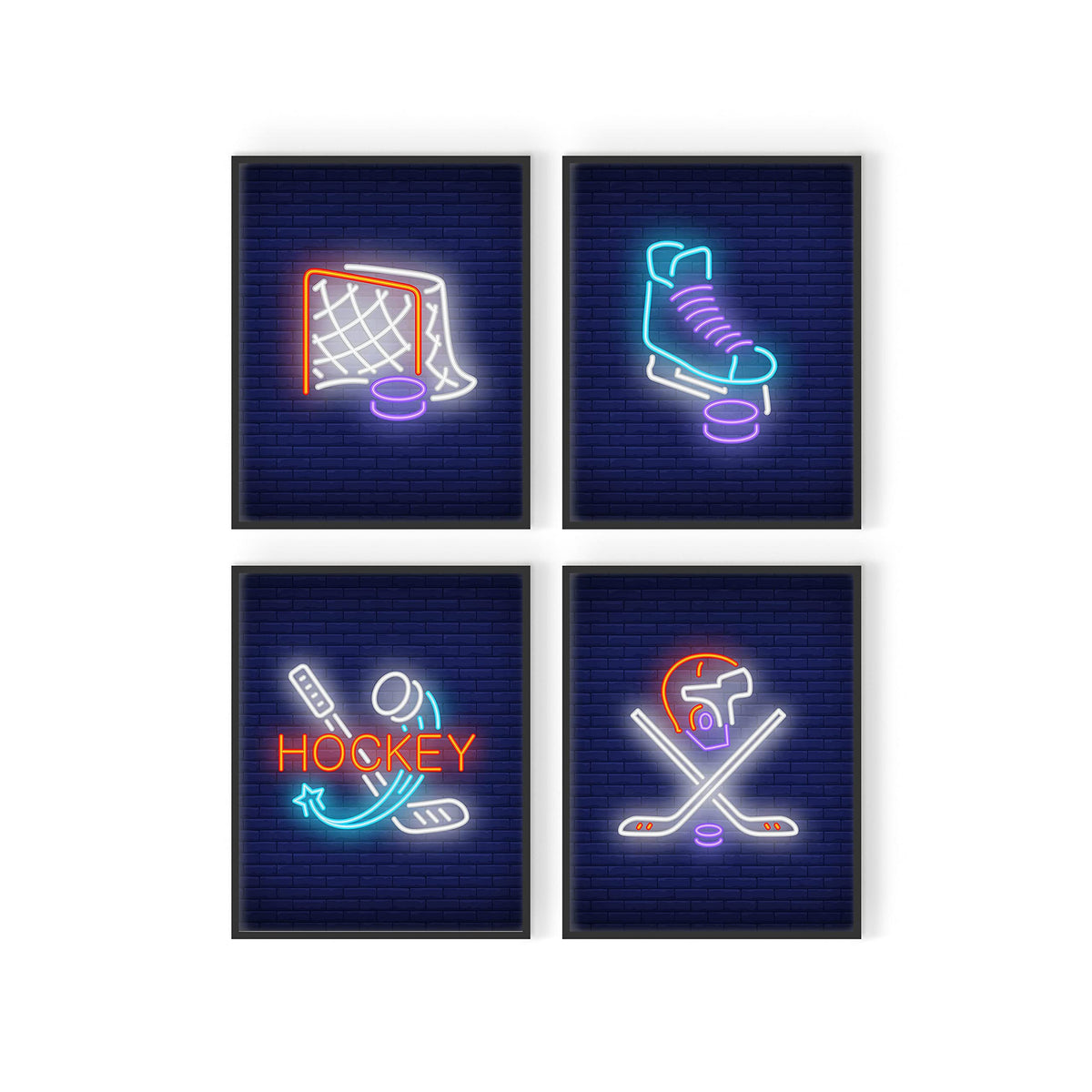 Ice Hockey Neon Wall Art Art Decor Prints - Set Of 4 (8X10) Inch Unframed Poster Photos - Kids Boys Girls Bedroom Basement Pictu