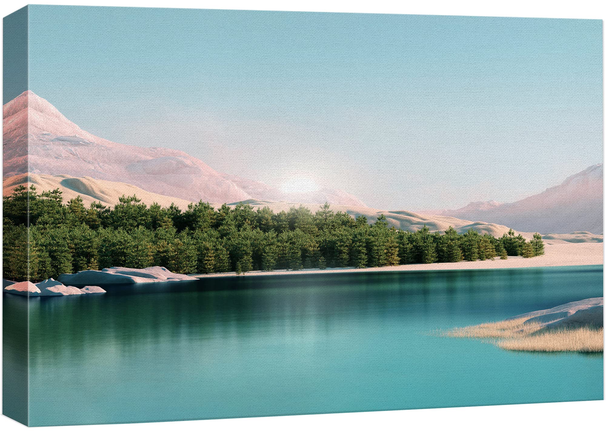 wall26 Canvas Print Wall Art Pastel Mountain Forest Teal Lake View Nature Wilderness Photography Realism Earth Scenery Rustic Scenic Landscape Colorful for Living Room  Bedroom  Office - 12''x18''