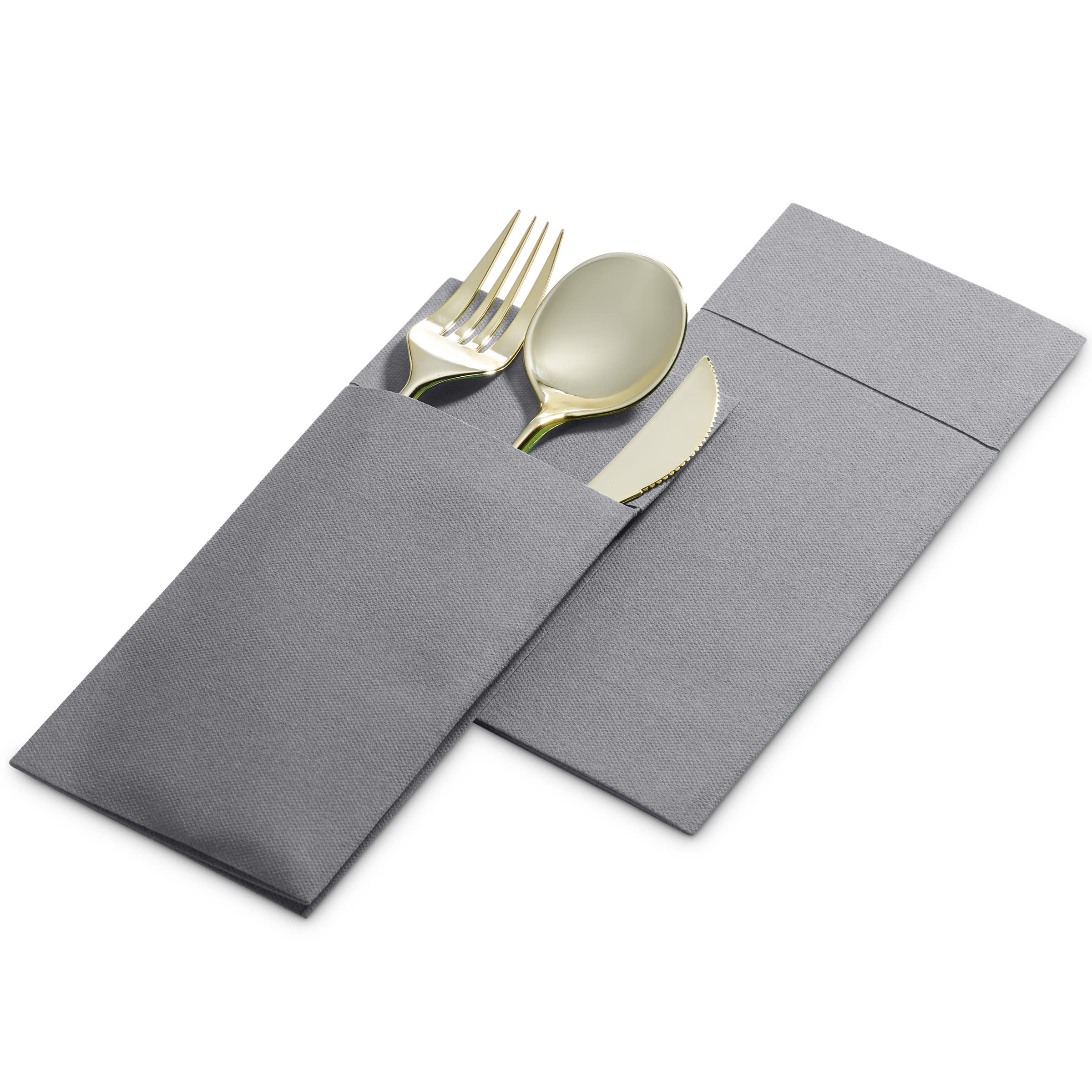 Disposable Linen-Feel Dinner Napkins with Built-in Flatware Pocket  50-Pack GRAY Prefolded Cloth Like Paper Napkins For Dinner  Wedding Or Party [Silverware NOT Included]