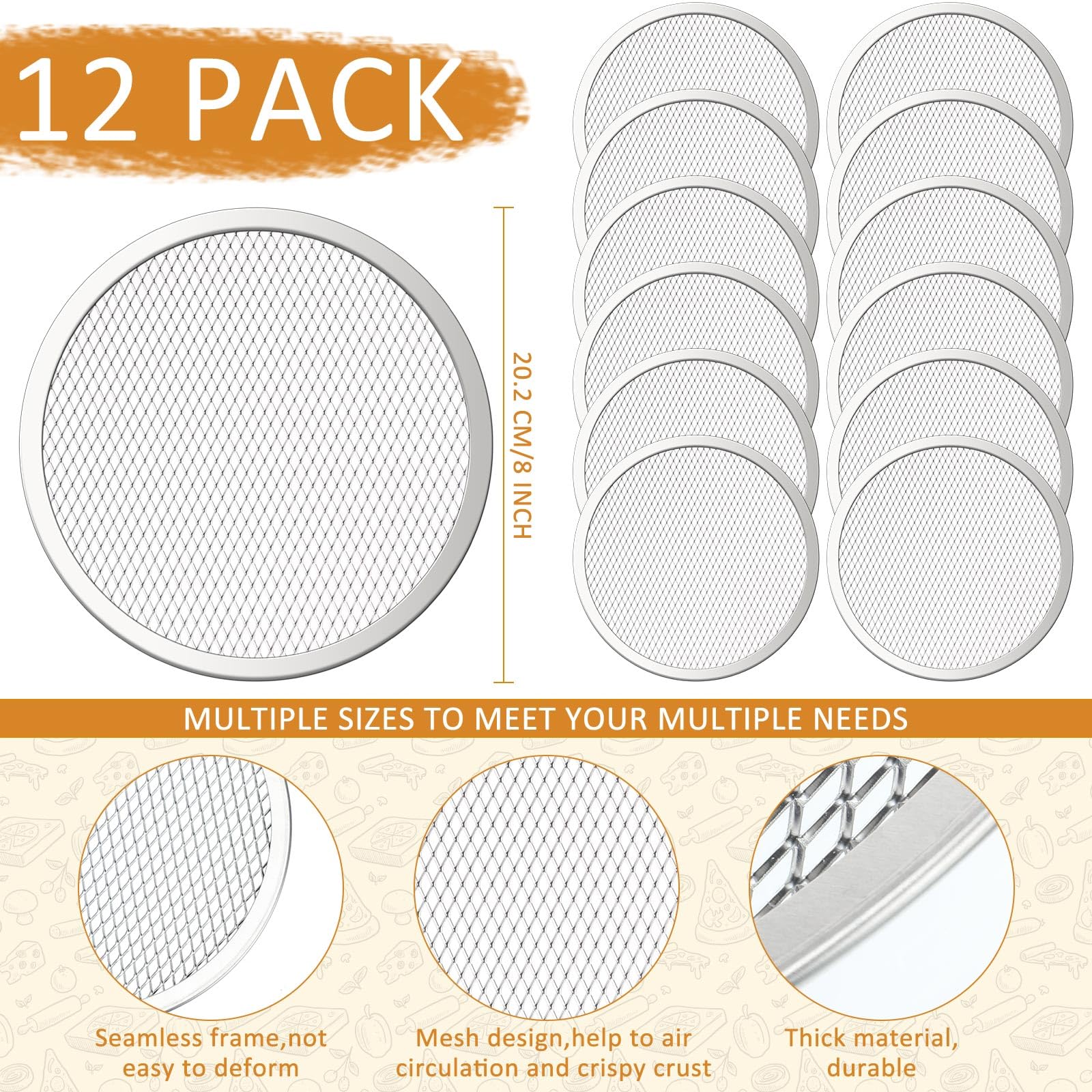 Dandat Set Of 12 Pizza Screen 8 Inch Aluminum Round Pizza Pans With Holes Bulk Seamless Pizza Trays For Oven Nonstick Pizza Baki