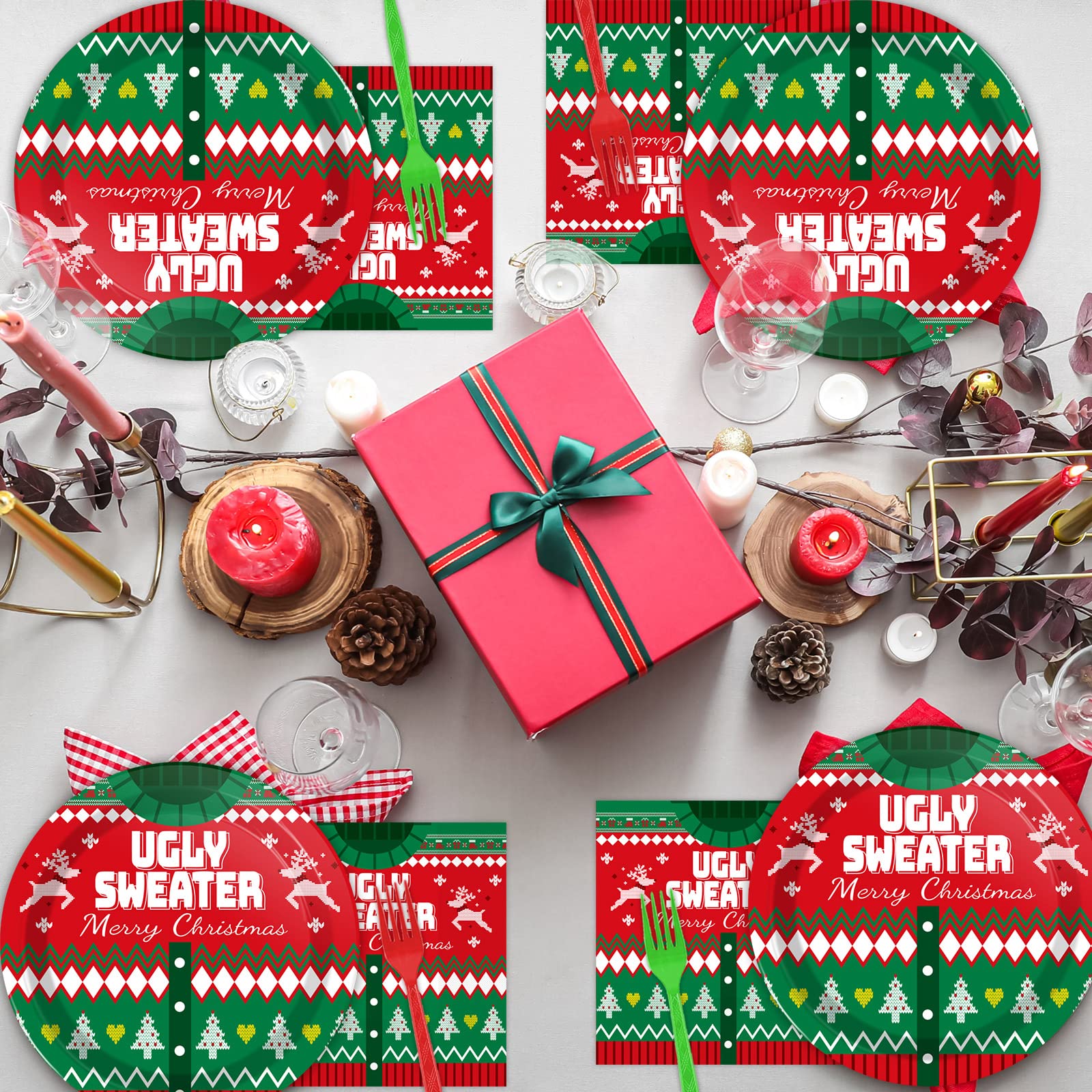 Gisgfim 96 Pcs Christmas Ugly Sweater Paper Plate Napkins Party Supplies Tacky Sweater Party Birthday Decorations Favors For Xma