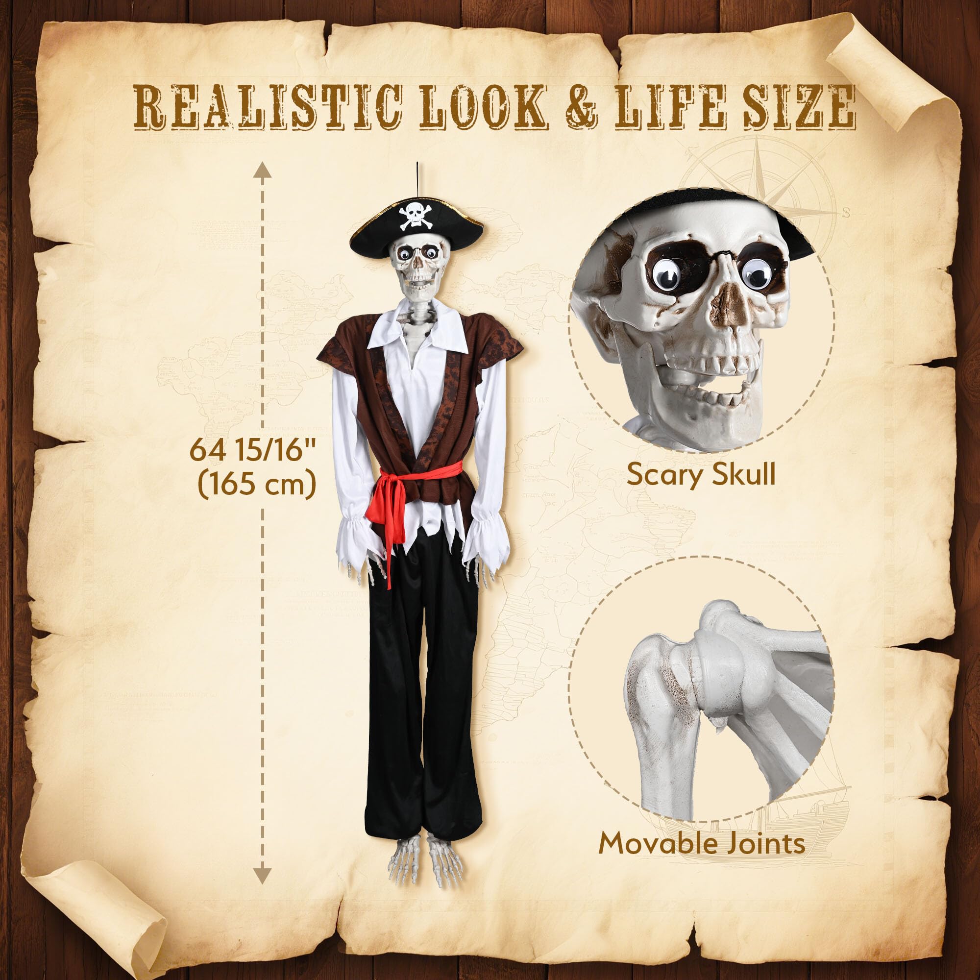AW Skeleton Pirate Captain Life Size 5.4FT Halloween Decoration Movable Joints Human Bone with Detailed Costume Outdoor Yard Ind