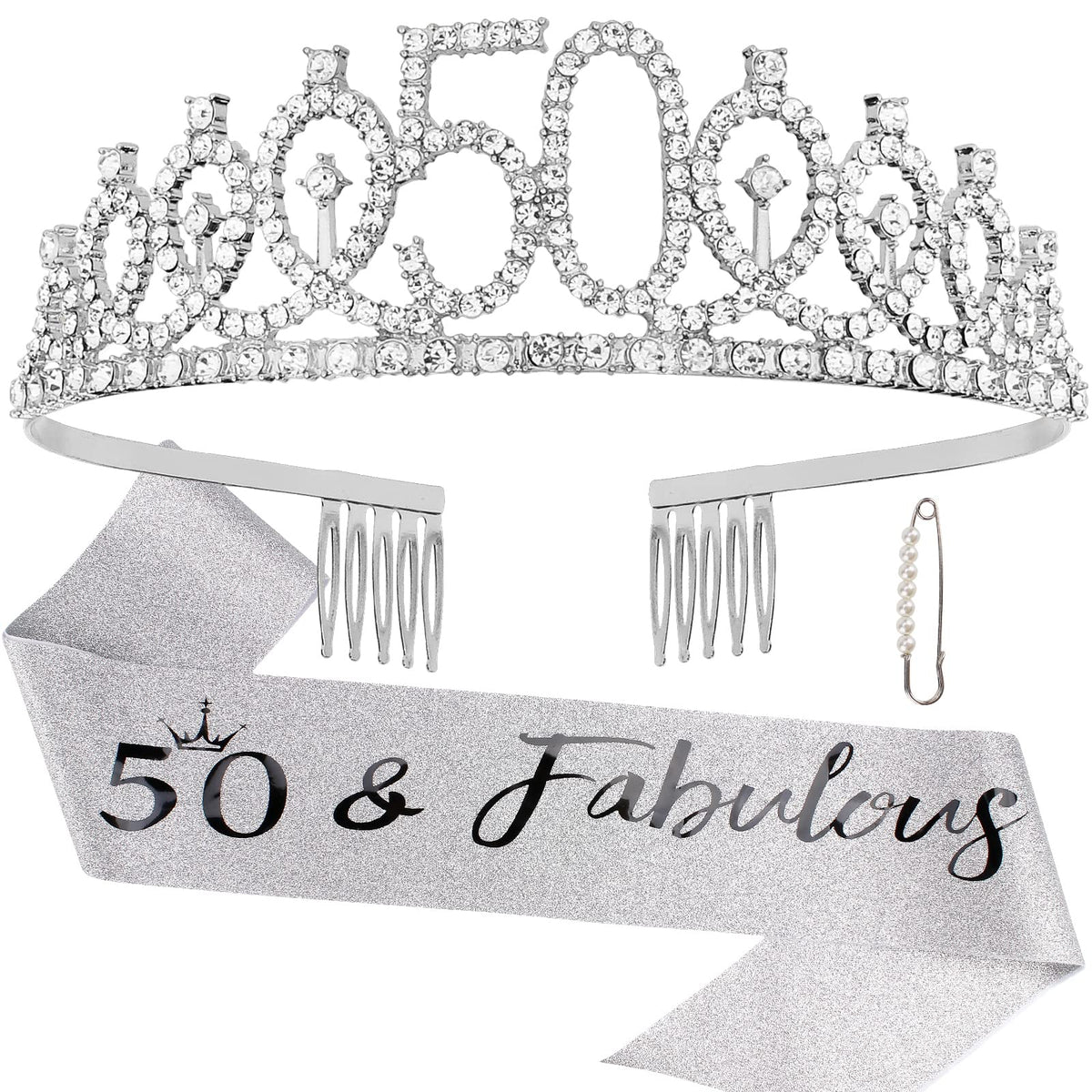 '50 & Fabulous'' Birthday Tiara And Sash Kit- 50Th Birthday Gifts For Women 50Th Birthday Party Decorations (Silver)