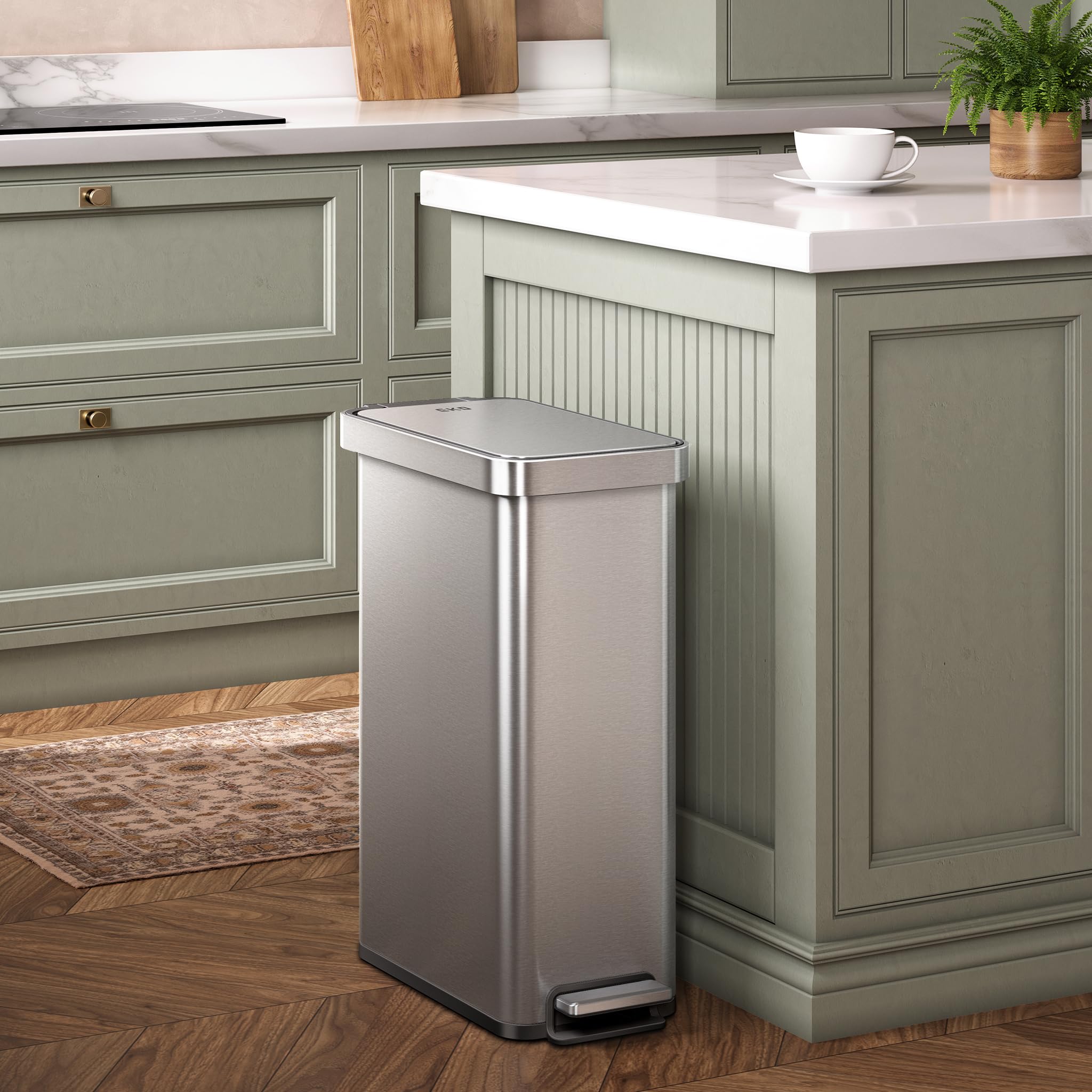 EKO Hudson Slim 50L / 13.2 Gallon Kitchen Trash Can with Lid, Stainless Steel Step Garbage Can for Kitchen or Home, Space-Saving