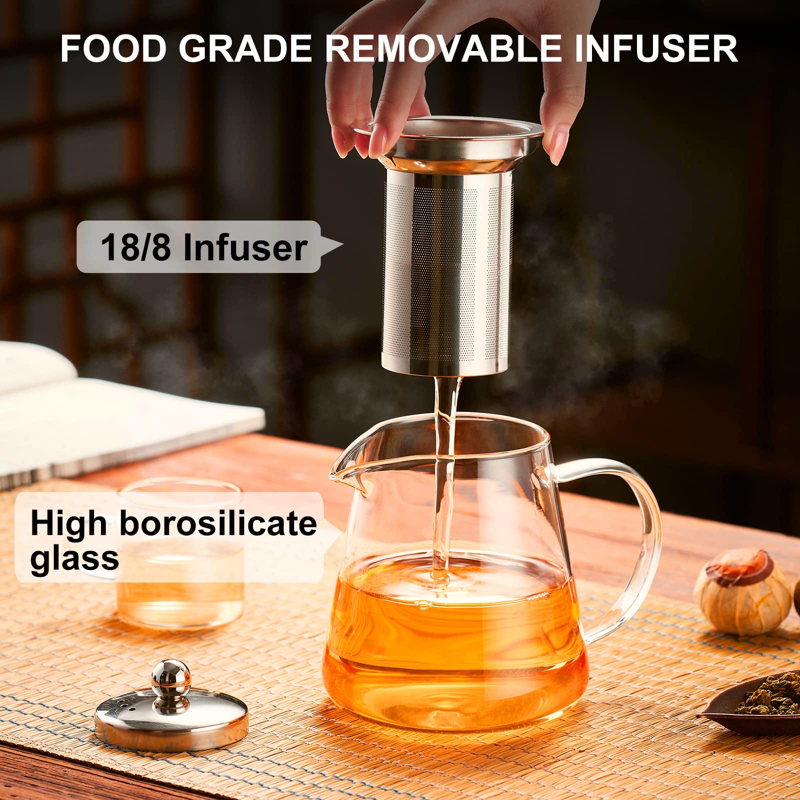 PARACITY Glass Teapot 18.6 OZ Borosilicate Kettle with Stainless Steel Infuser - 550ML Transparent Tea Maker for Camping & Travel