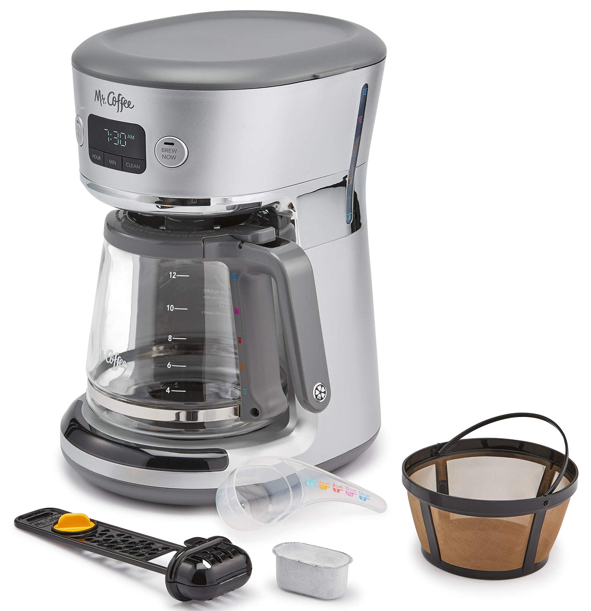 Mr. Coffee Easy Measure 12 Cup Programmable Maker With Gold Tone Reusable Filter, Silver/Chrome