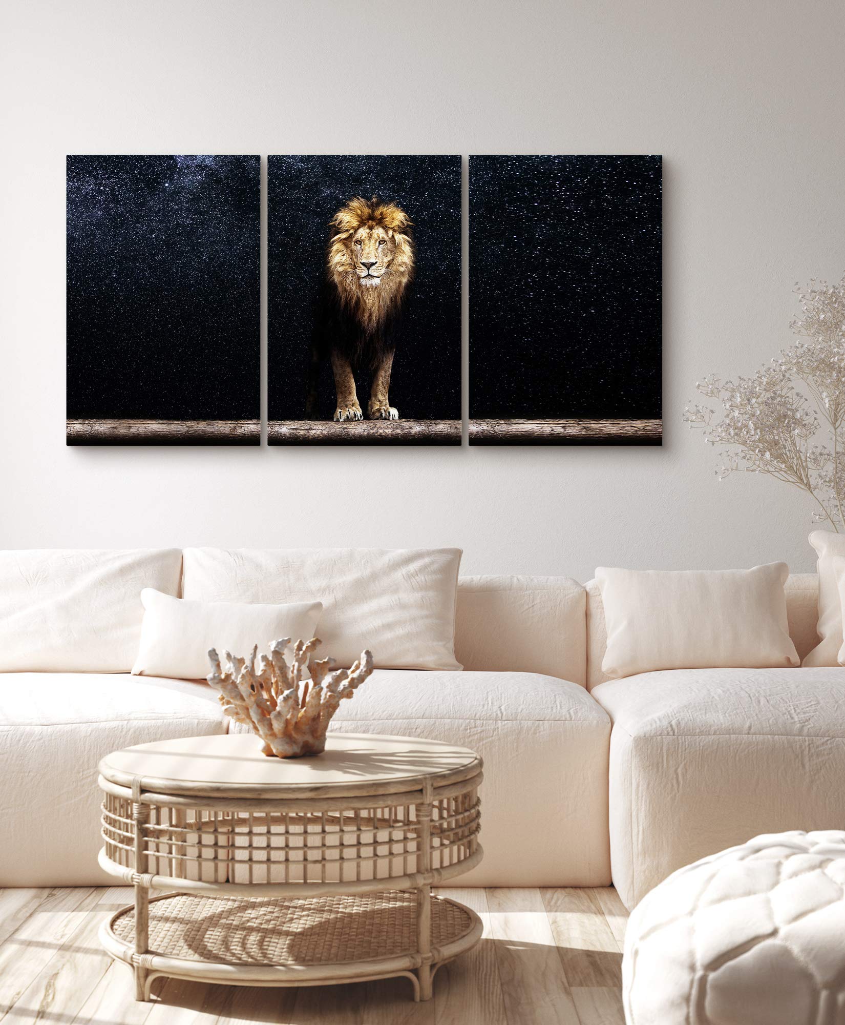 Signford Canvas Print Wall Art Set Lion Portrait In The Dark Galaxy Animals Wilderness Mixed Media Modern Art Contemporary Sceni