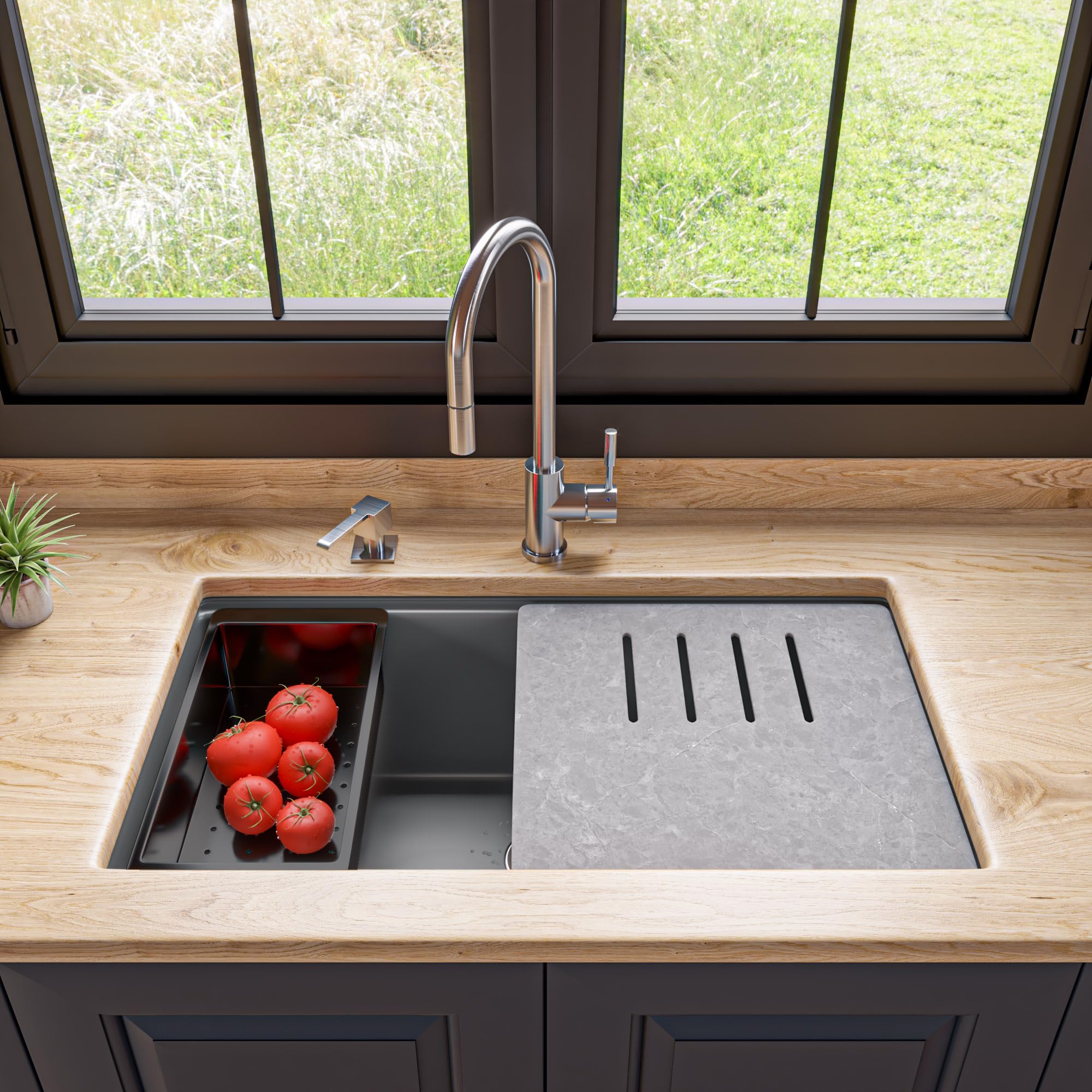 Alfi Brand Ab3418Sbum-T Titanium 33'' Granite Composite Workstation Step Rim Single Bowl Undermount Sink With Accessories