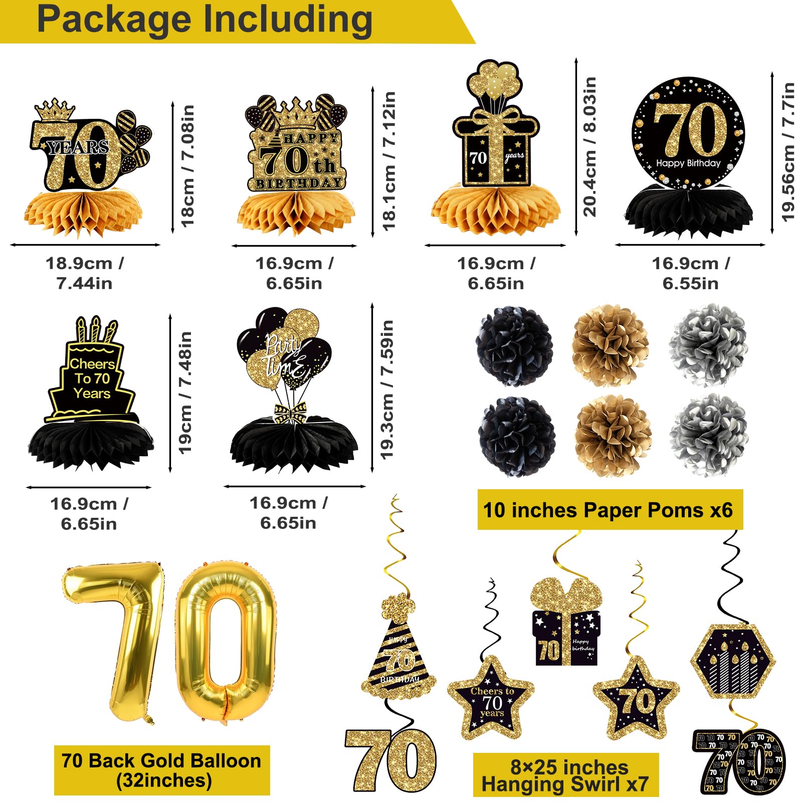 70Th Birthday Decorations For Men Women,24Pcs 1955 Banner Decorations,Including Banner,6Honeycomb Topper,70 Balloons,Anniversary