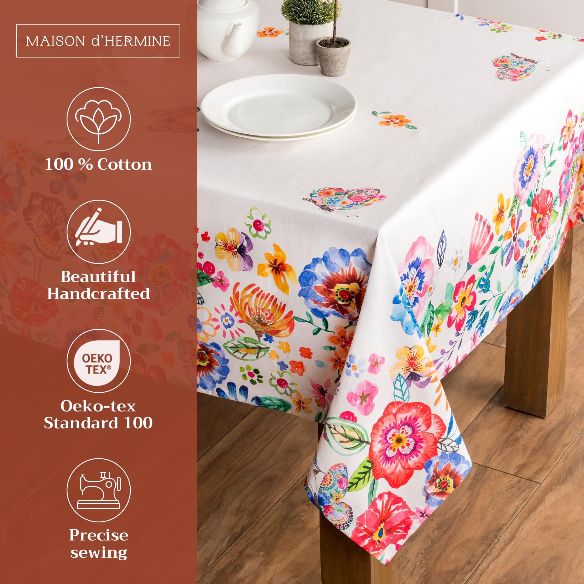 Maison d Hermine Table Cloth Rectangle Table 100% Cotton 70 x 90 Inches Tablecloth Reusable for Dining Room, Farmhouse, Home, P