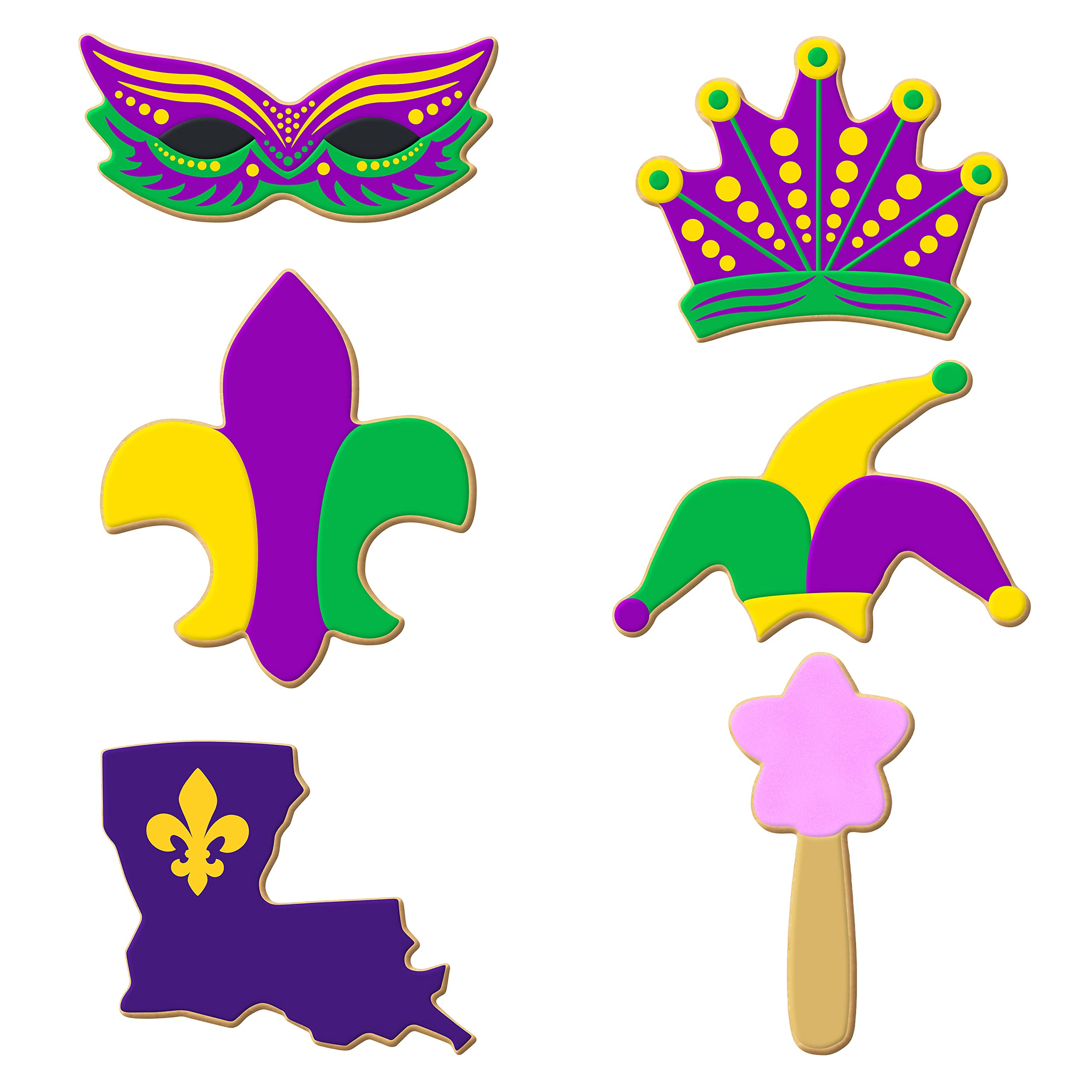 Mardi Gras Cookie Cutter 6 Pc Set - Jester Hat, Magic Wand, Crown, Mardi Gras Mask, Fleur D Lis, State Of Louisiana Cookie Cutte