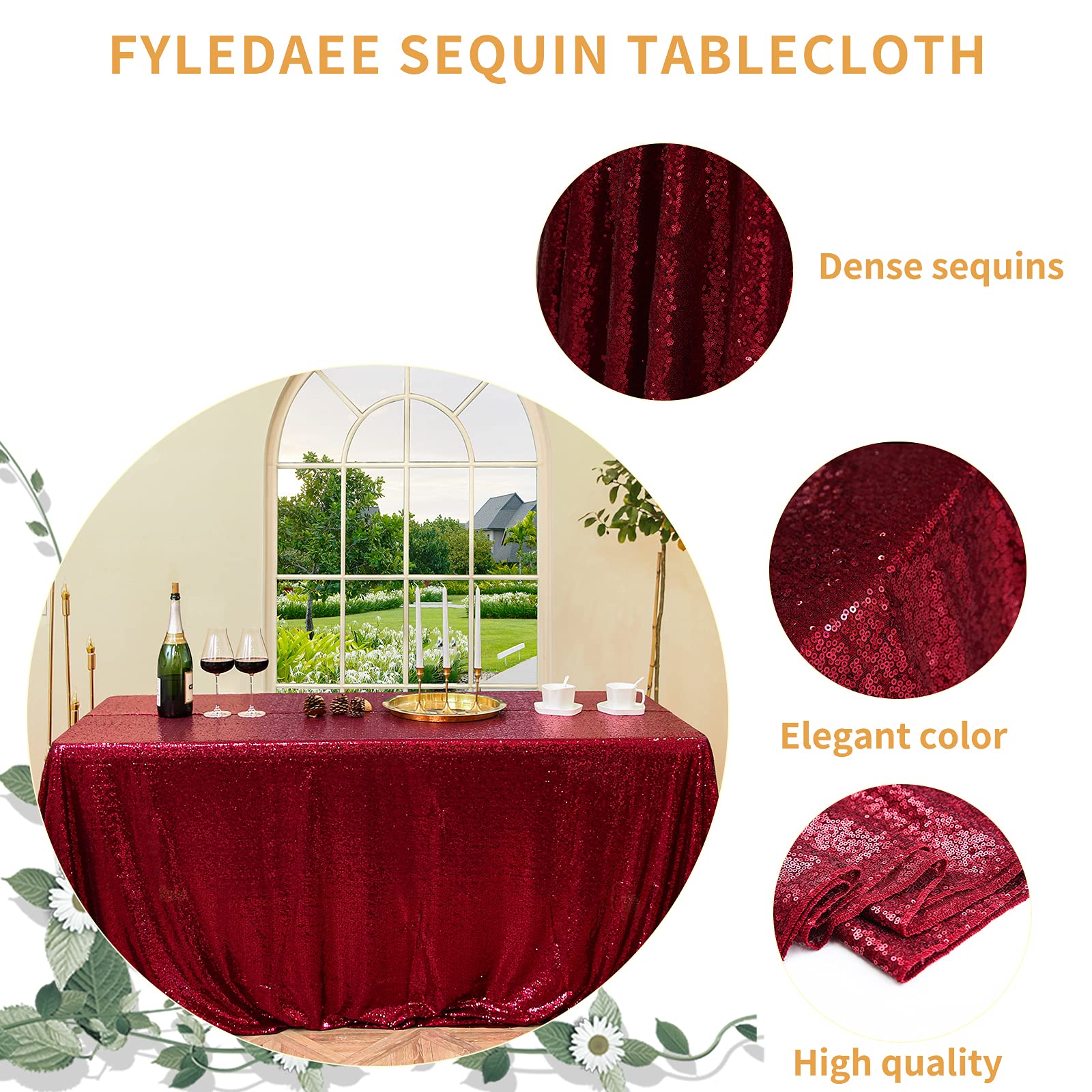 FYLEDAEE 48" Round Burgundy Sequin Tablecloth - Glitter Fabric Cover for Weddings, Birthdays, Baby Showers, and Holiday Events