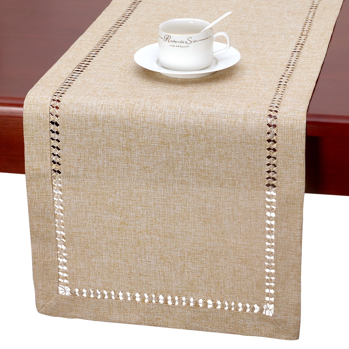 Grelucgo Large Handmade Hemstitch Beige Table Runner, Rectangular 14 By 120 Inch
