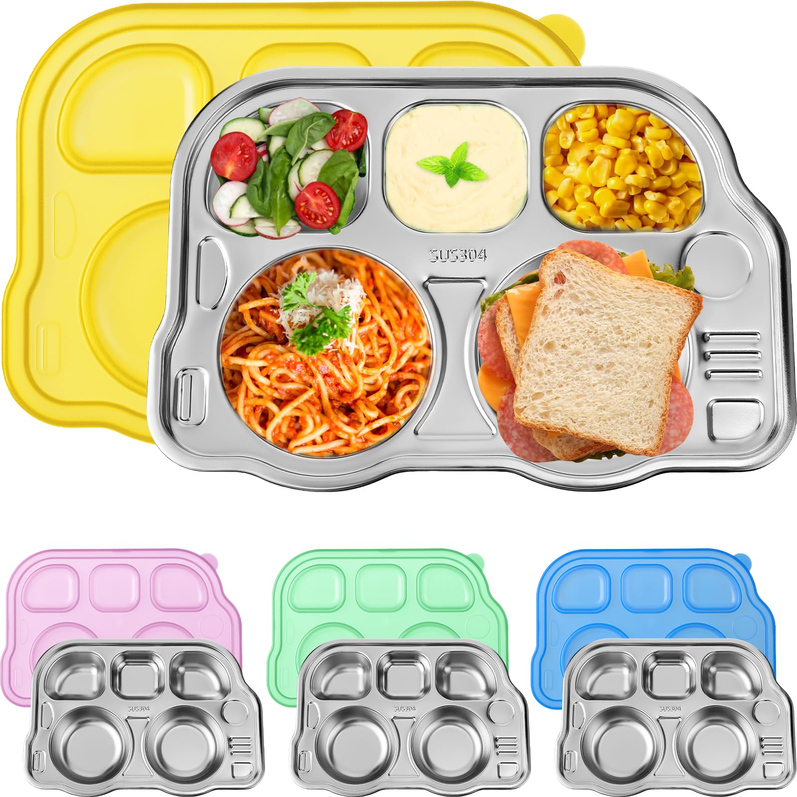 Layhit 4 Pcs Stainless Steel Divided Plate 5 Sections Divided Platter Kids Plates School Bus Shape Toddler Plates With Lids Dinn