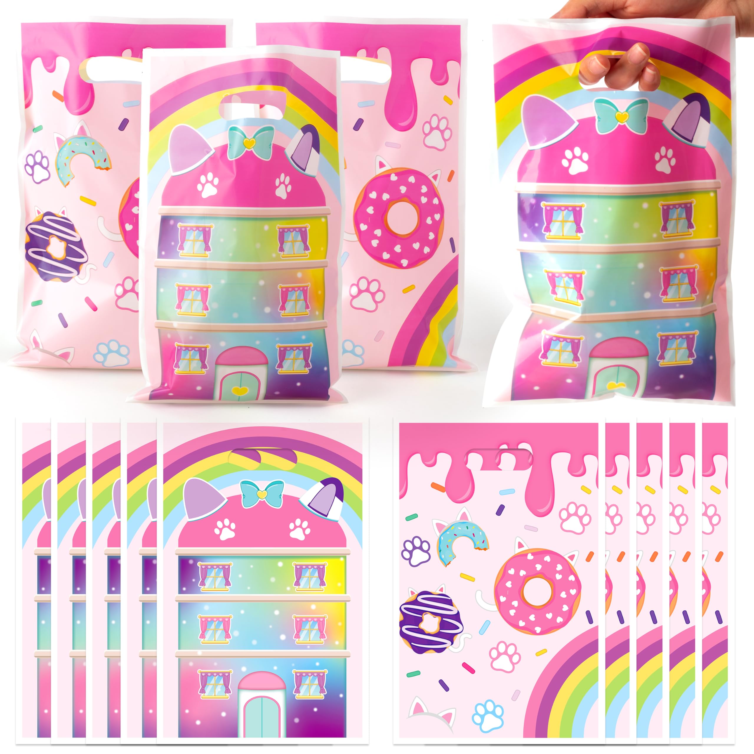 GaofanWai 50PCS Cat House Party Favor Bags for Kid Boy Girl, Cute Cartoon Cat Theme Candy Gift Plastic Bag Bulk with Handle, Car