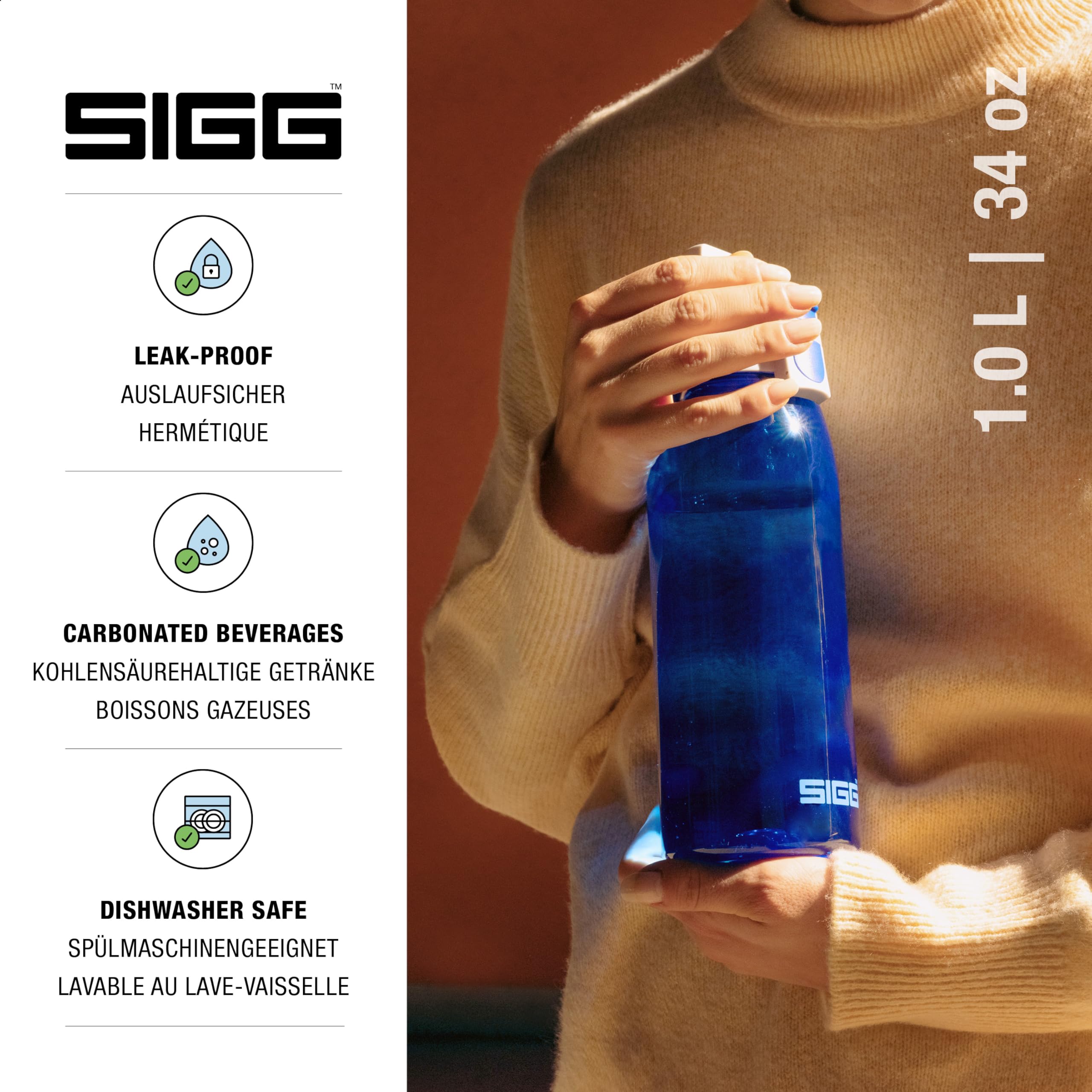SIGG - Tritan Sports Water Bottle - Total Color Blue - Leakproof - Featherweight and Shatter-Proof Tritan Plastic - Dishwasher Safe - BPA Free - 34 Oz