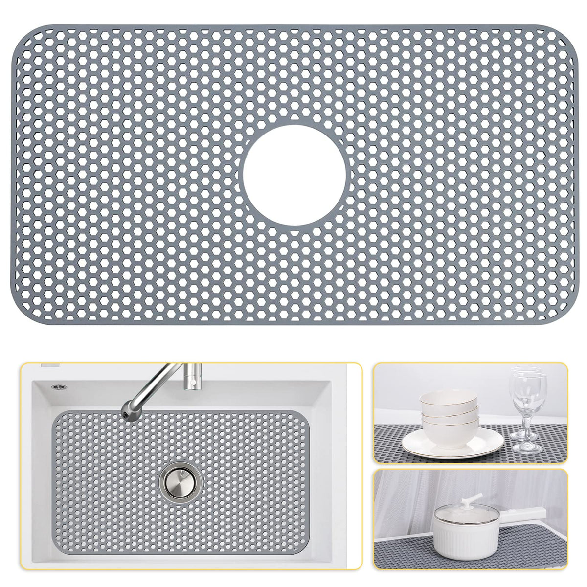 Bestjing Silicone Sink Mat, 26'' X 14'' Sink Protectors For Kitchen Sink With Center Drain, Kitchen Sink Accessory, Non-Slip Sin