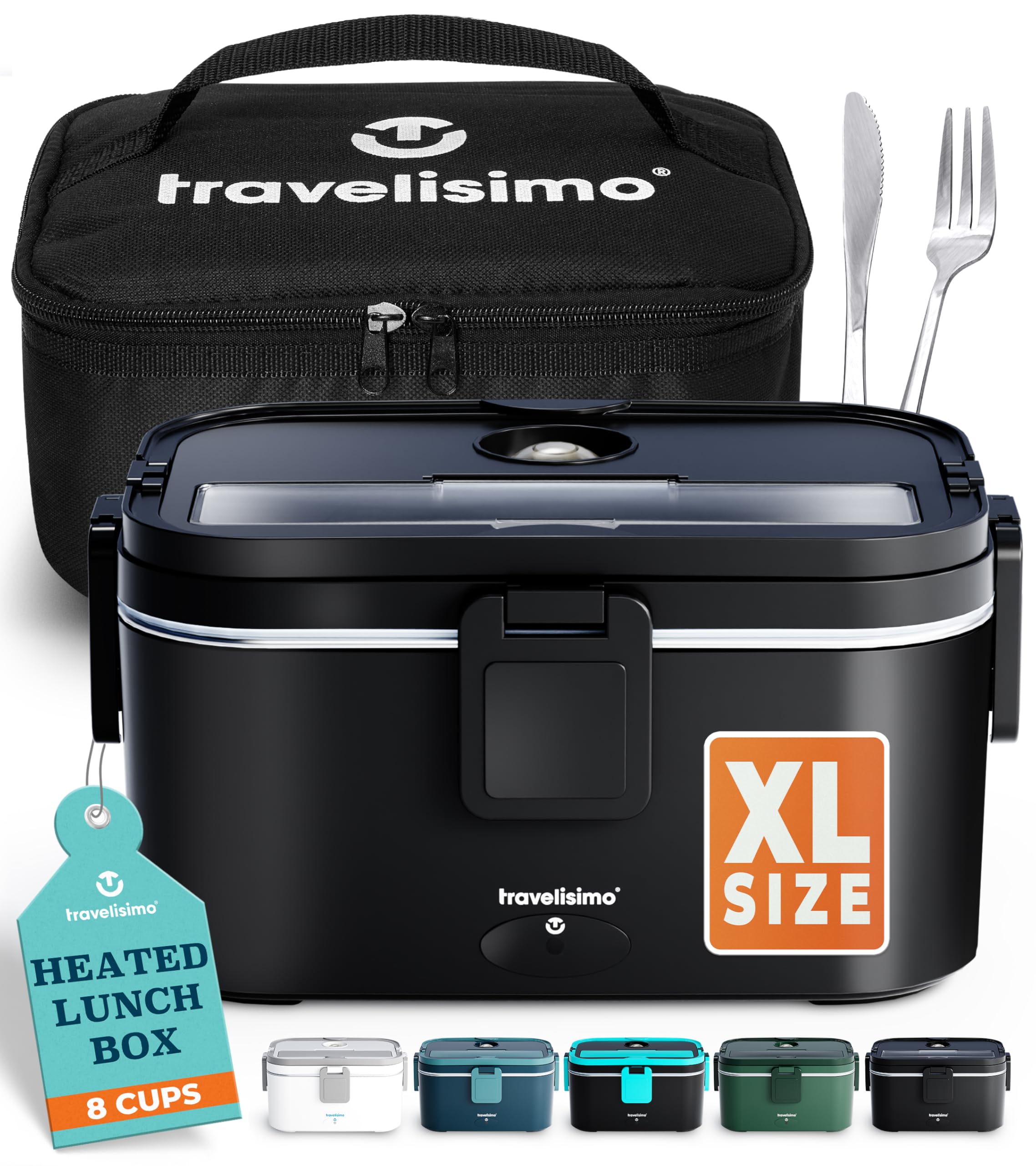TRAVELISIMO Extra-Large Electric Lunch Box For Adults Holds up to 8 Cups - 80W Heated Lunch Box 1.8L Electric Food Warmers for T