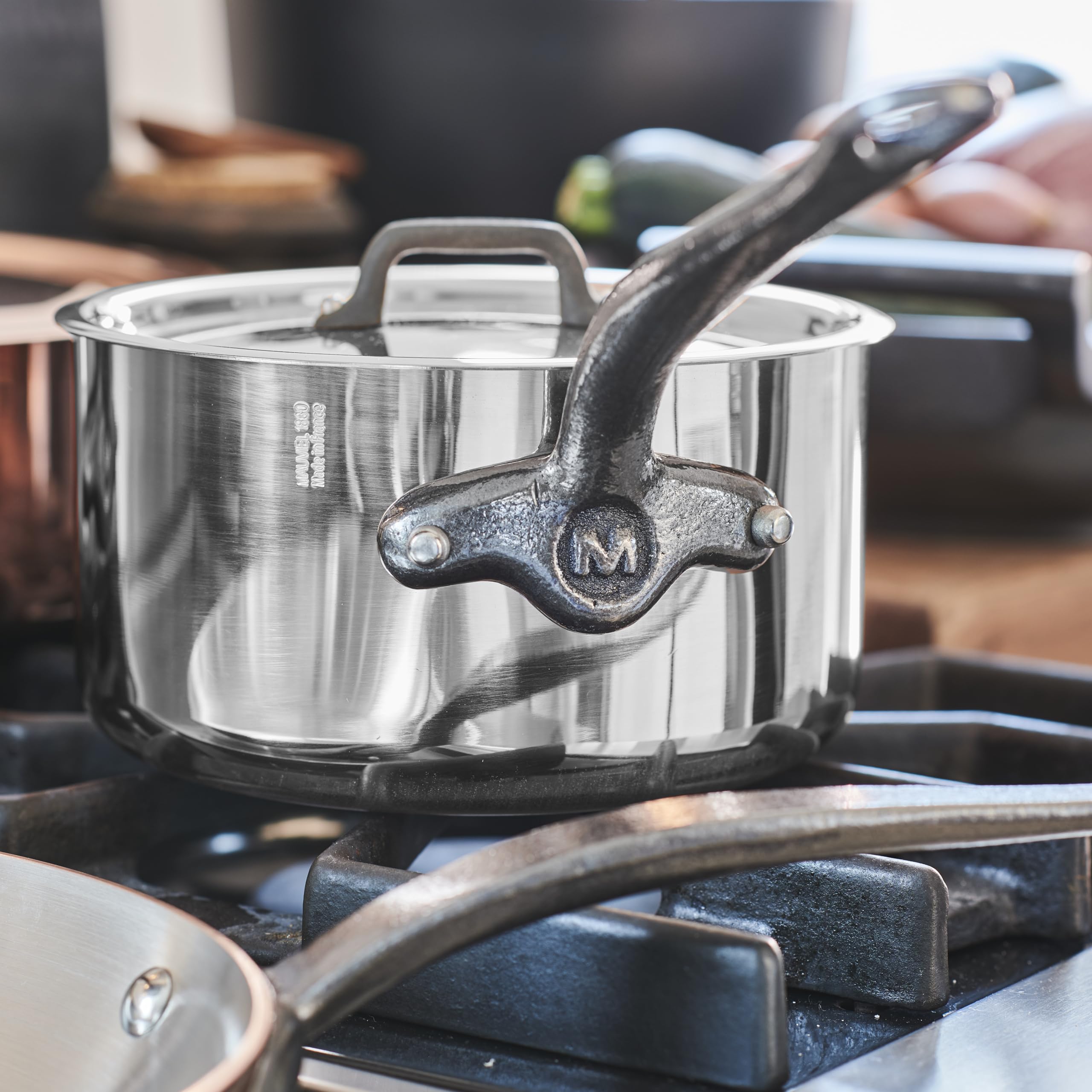 Mauviel M'Cook Ci 5-Ply Polished Stainless Steel Sauce Pan With Lid, And Cast Iron Handles, 2.6-Qt, Made In France