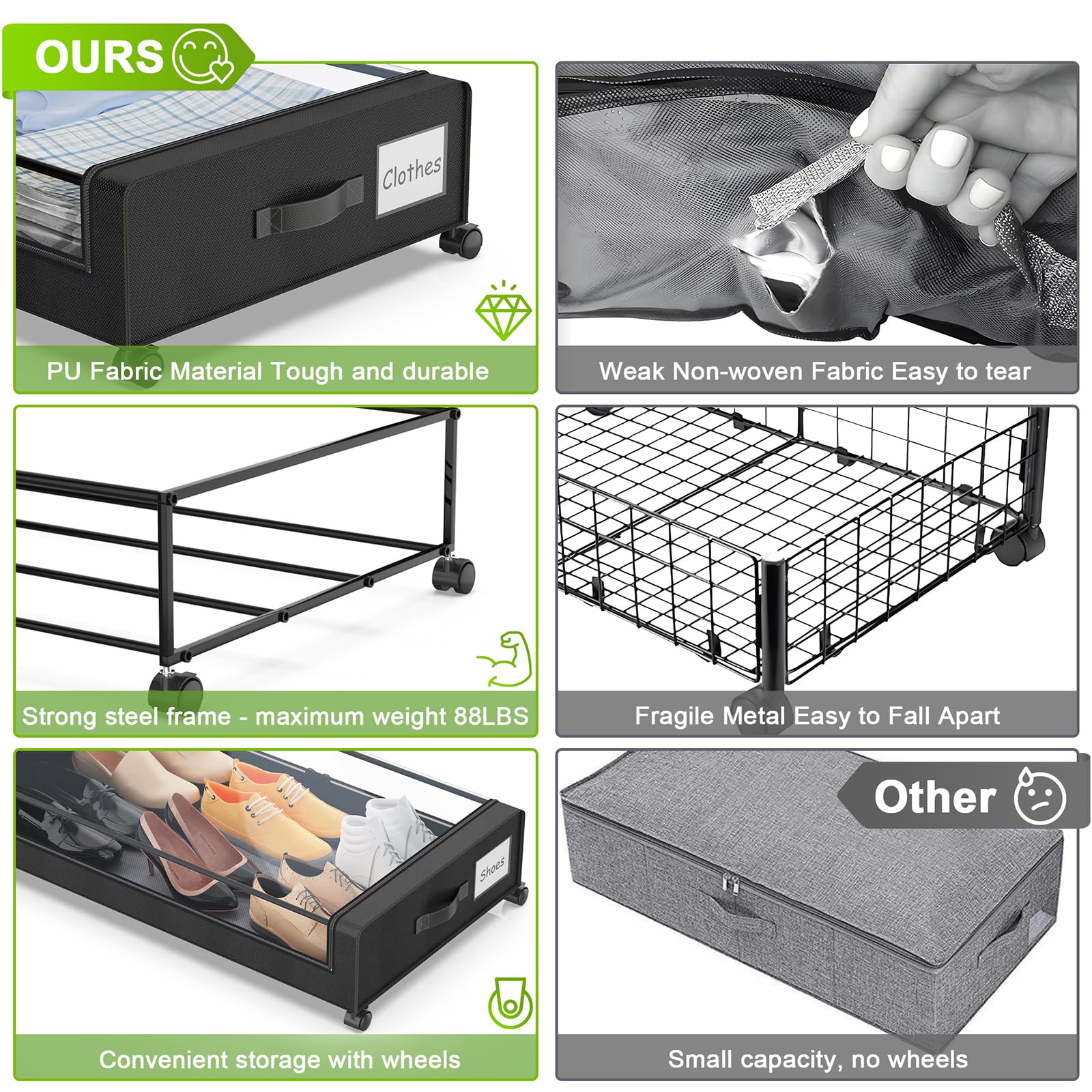 Beborxue Under Bed Storage with Wheels, 2-Pack Under Bed Storage Containers with Clear Lids, XXL 60L Under the bed storage Organ