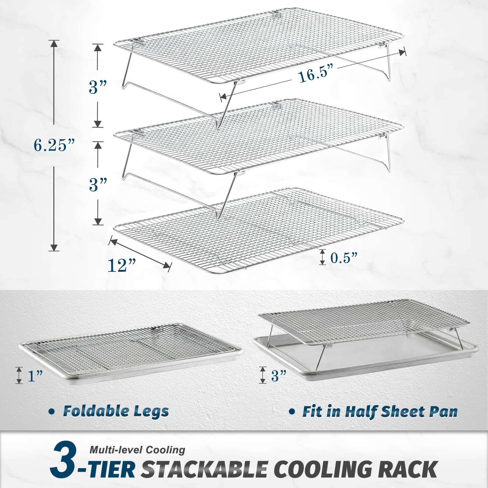 HIWARE Stainless Steel Stackable Cooling Rack for Baking  3 Tier 11.8?x 16.5? Oven & Dishwasher Salf and Fit Half Sheet Wire Cooling Racks for Cookie  Pizza  Cake