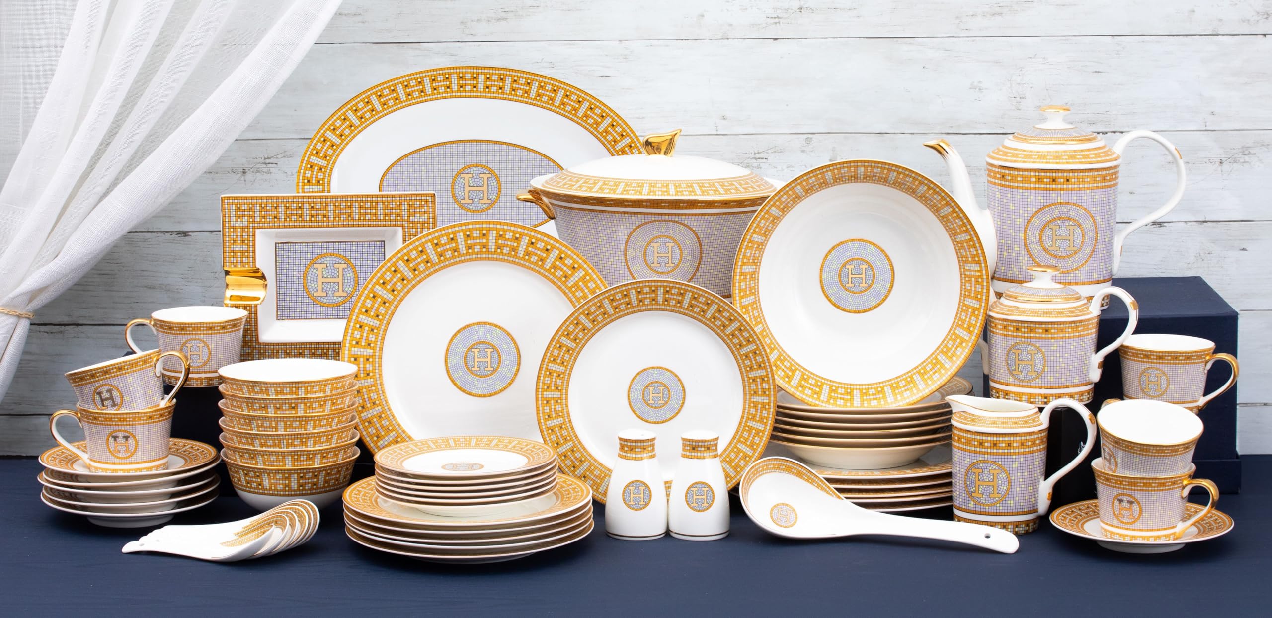 White and Gold Dinnerware Set - 58 Piece 'Mosaic' Dinner Set Luxury Bone China 24K Gold Inlays for Everyday use or Formal Occasi