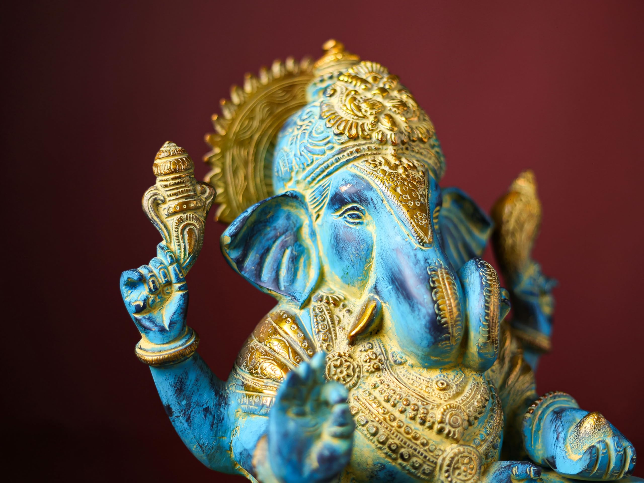 Brass Ganesha Statue With Mosaic, 29 Cm Brass Blue Golden Finish Ganesh Statue, Ganpati Idol, Good Luck Gift For New Beginnings,