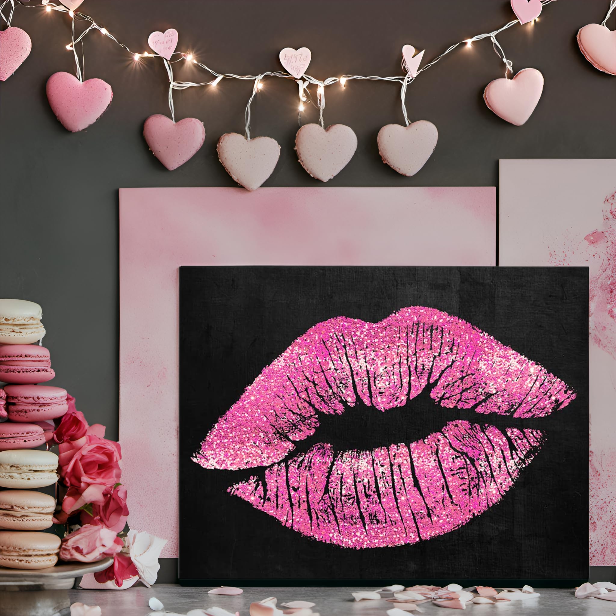 7Canvas Black And Pink Lips Canvas Wall Art Fashion And Glam Poster Sexy Lip Picture Gallery Wrap For Bathroom Bedroom Makeup Ro