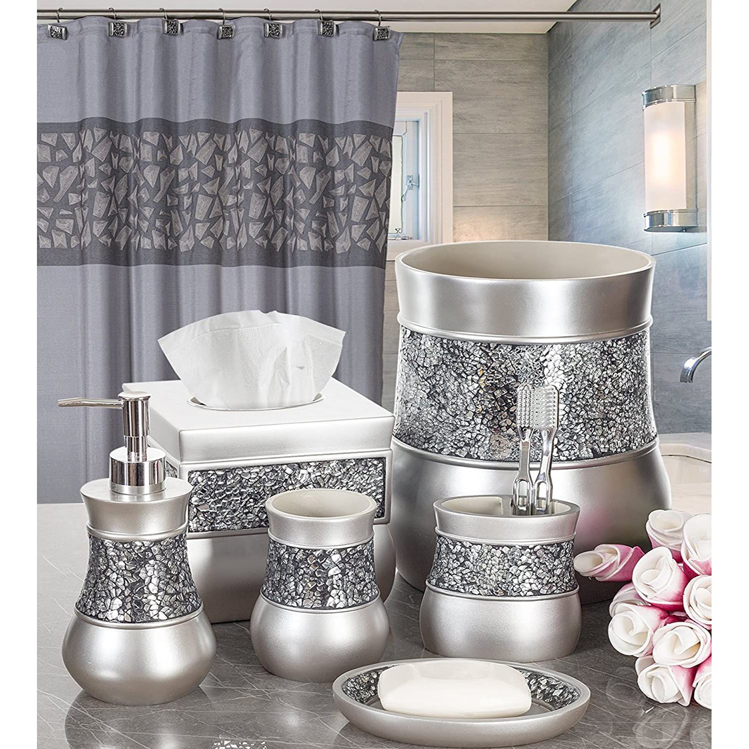 Creative Scents Silver Bathroom Accessories Set Complete - 6 Piece Mosaic Glass Bathroom Accessory Set Includes: Trash Can, Tiss