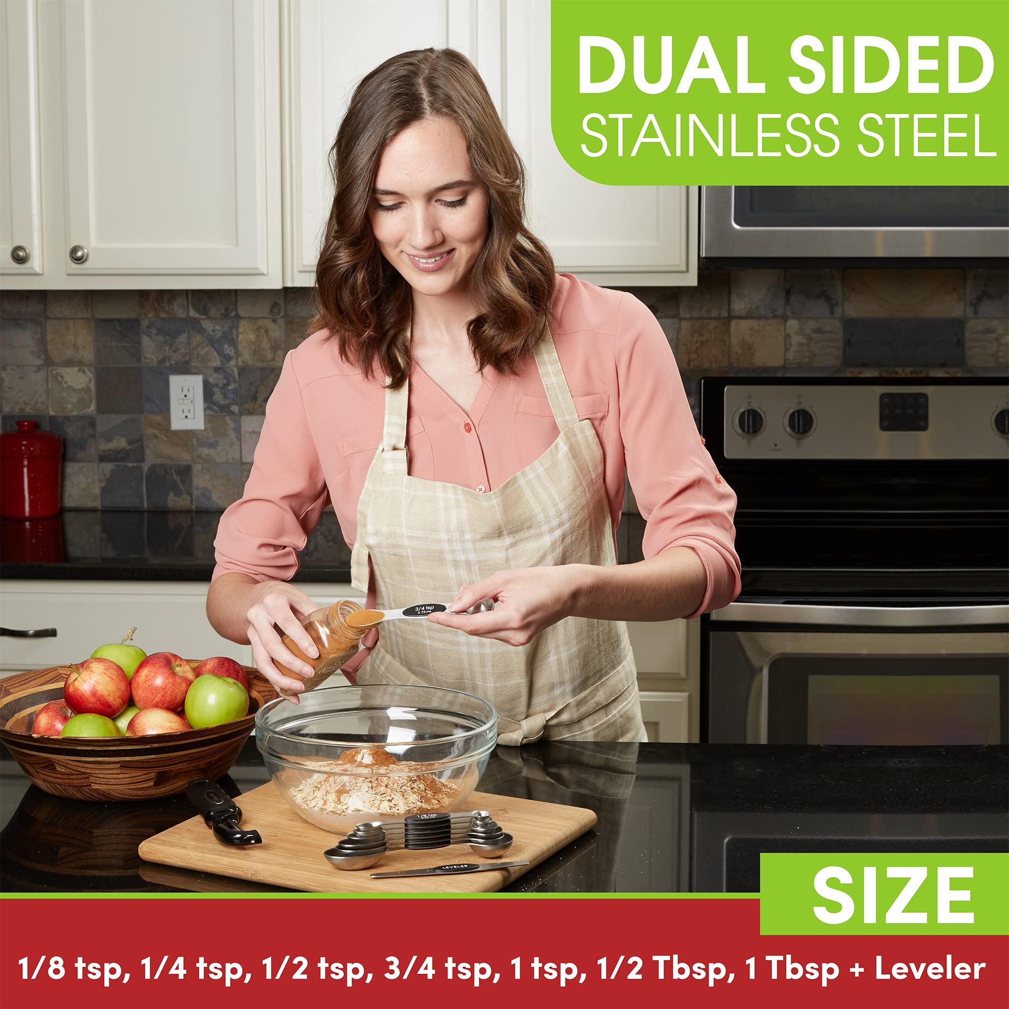 Spring Chef Magnetic Measuring Spoons Set, Dual Sided, Stainless Steel, Fits In Spice Jars, Black, Set Of 8, 2 Pack