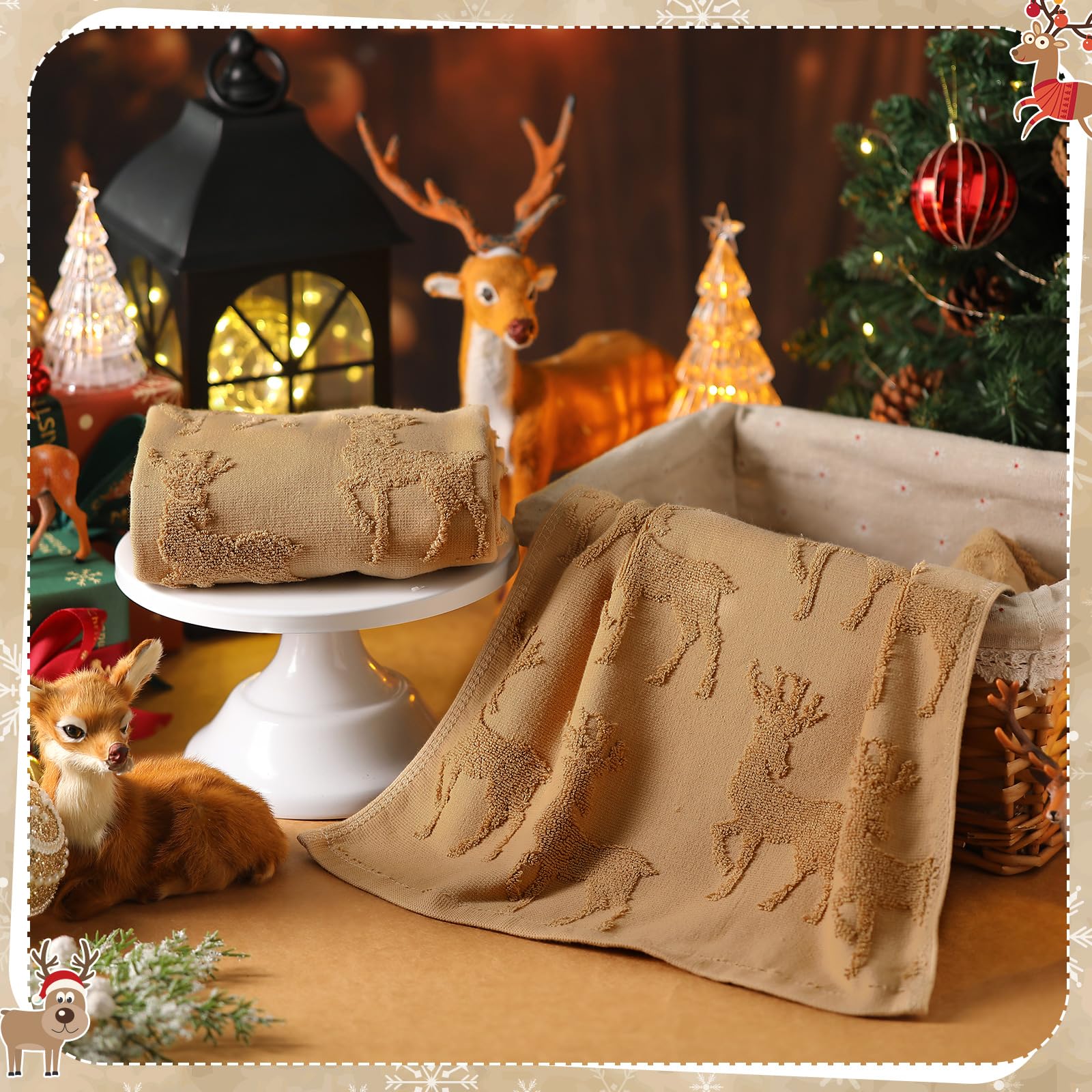 Breling 2 Pcs Christmas Hand Towels Brown Reindeer Bathroom Decorative Towels 100% Cotton Absorbent Jacquard Weave Bath Decor Wi