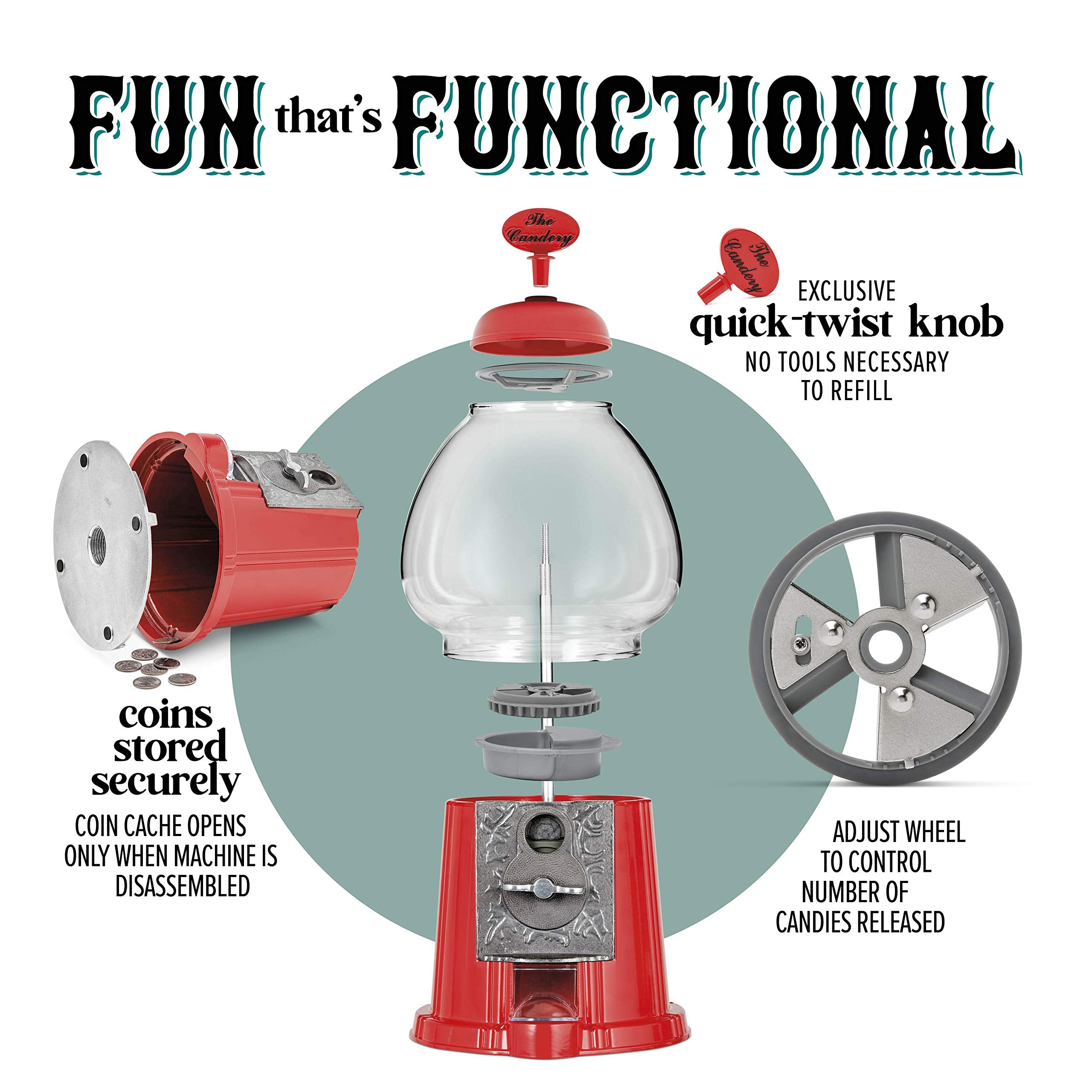 Gumball Bubble Machine - 15 Inch Candy Dispenser With Stand For 0.62 Inch - Heavy Duty Red Metal With Large Glass Bowl - Easy Tw