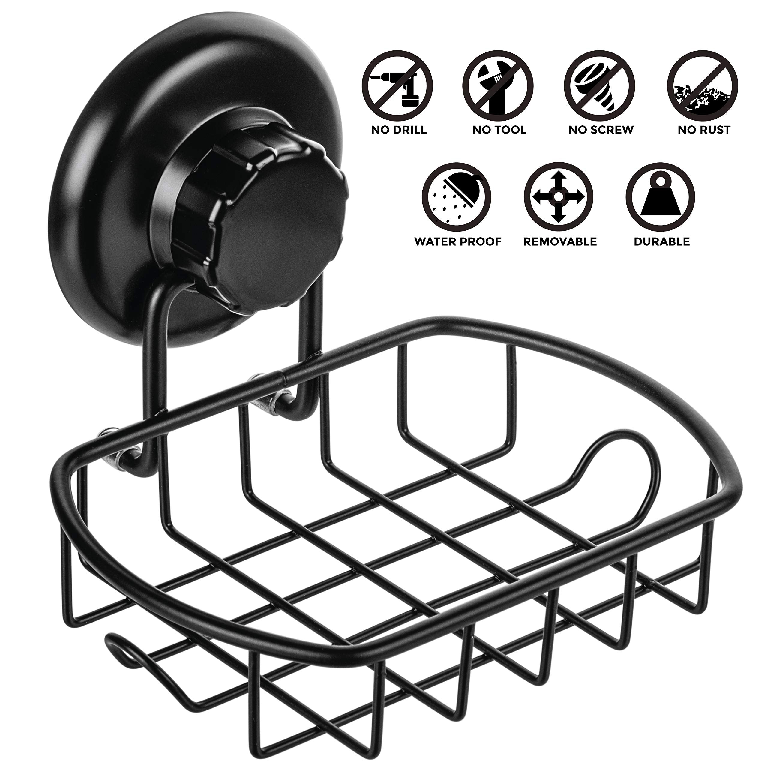 HASKO Suction Soap Dish - Rustproof SS304 Stainless Steel, Black, Powerful Vacuum Cup Holder for Bathroom & Kitchen - Model WERPOWER001