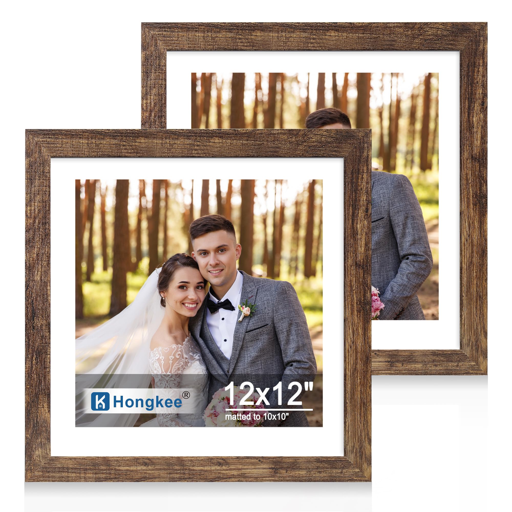 Hongkee 12x12 Picture Frame Set of 2, Made of Real Glass and Rustic Brown Wooden Frame - Display Square 10x10 with Mat or 12x12 