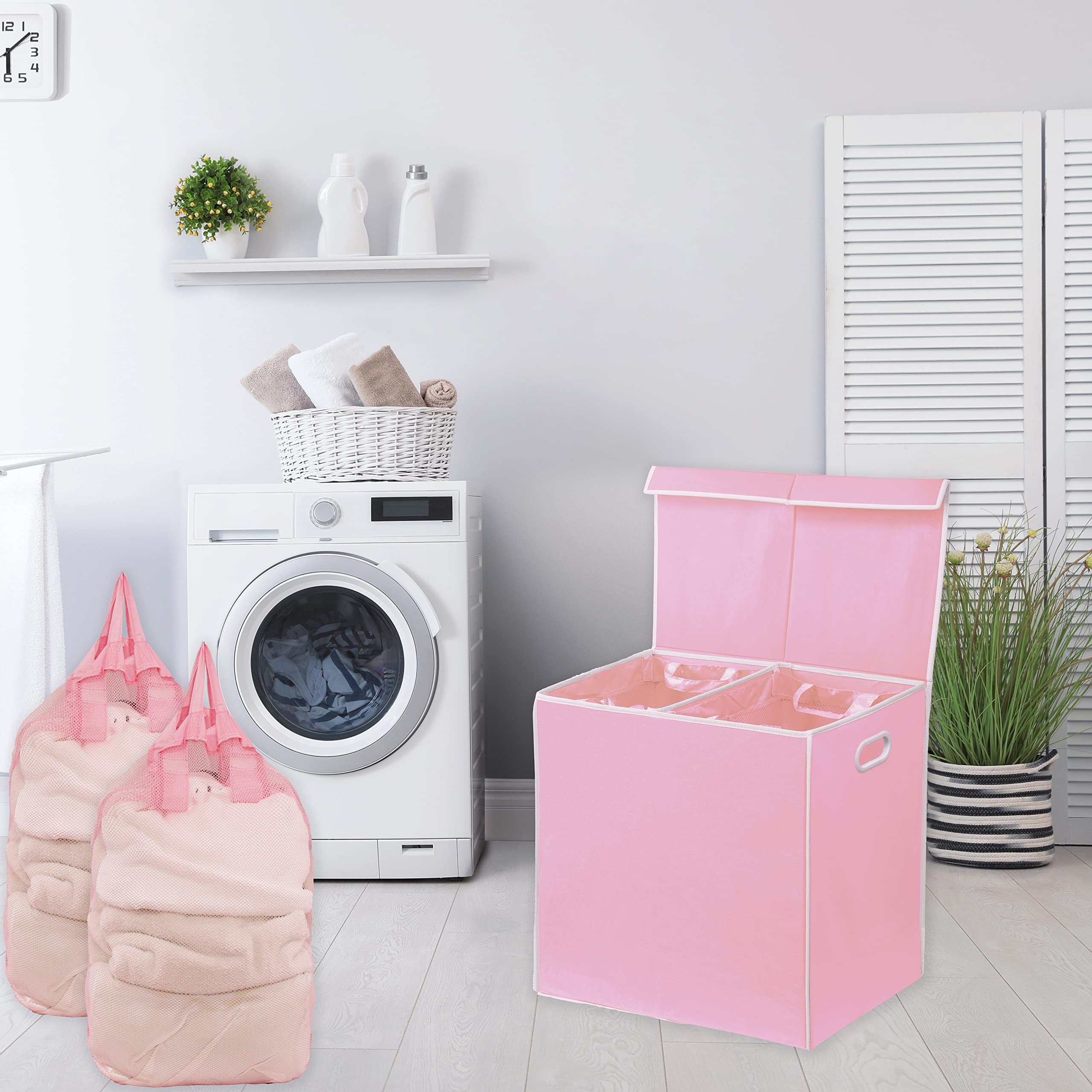 Simple Houseware Double Laundry Hamper With Lid And Removable Bags, Pink