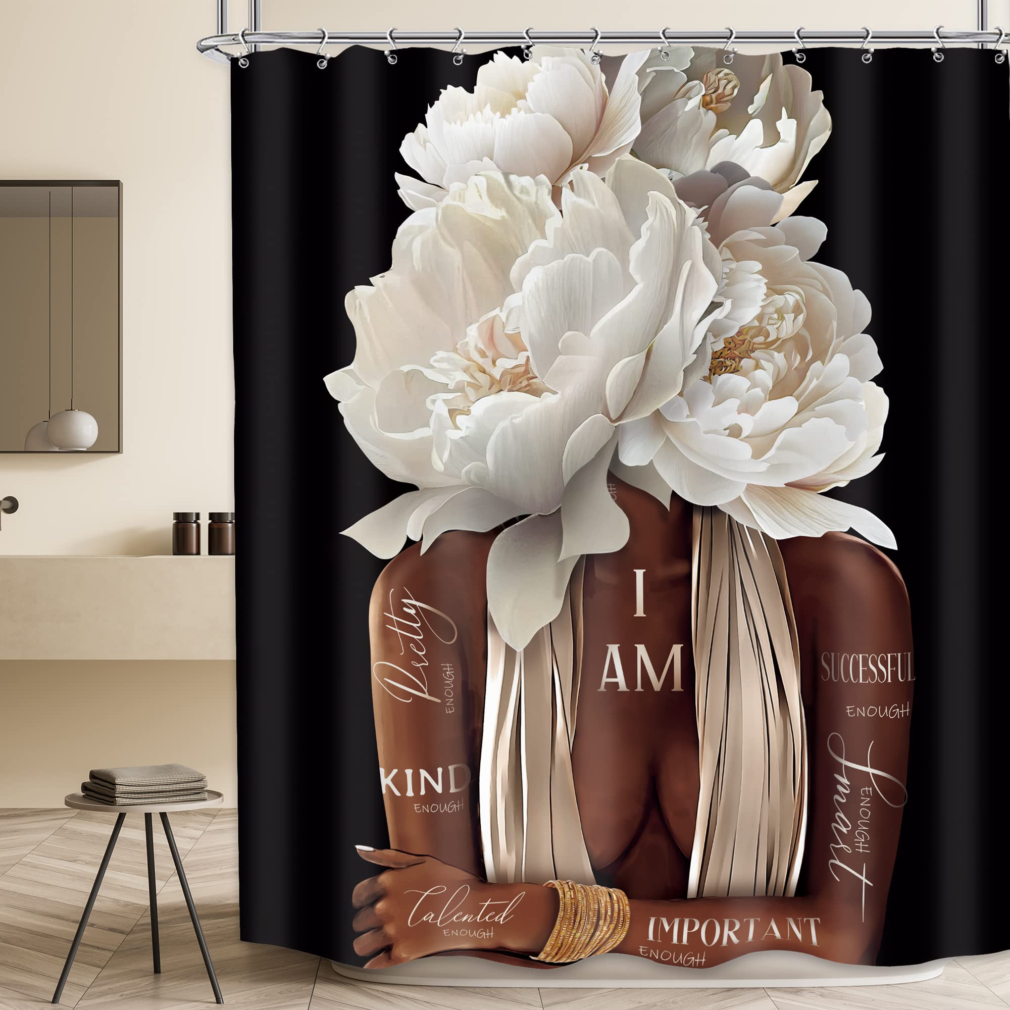 Meshelly African American Shower Curtain 72Wx72H Black Girl Vintage Floral Woman Queen Curtain For Bathroom Bathtub Peony Rose Q