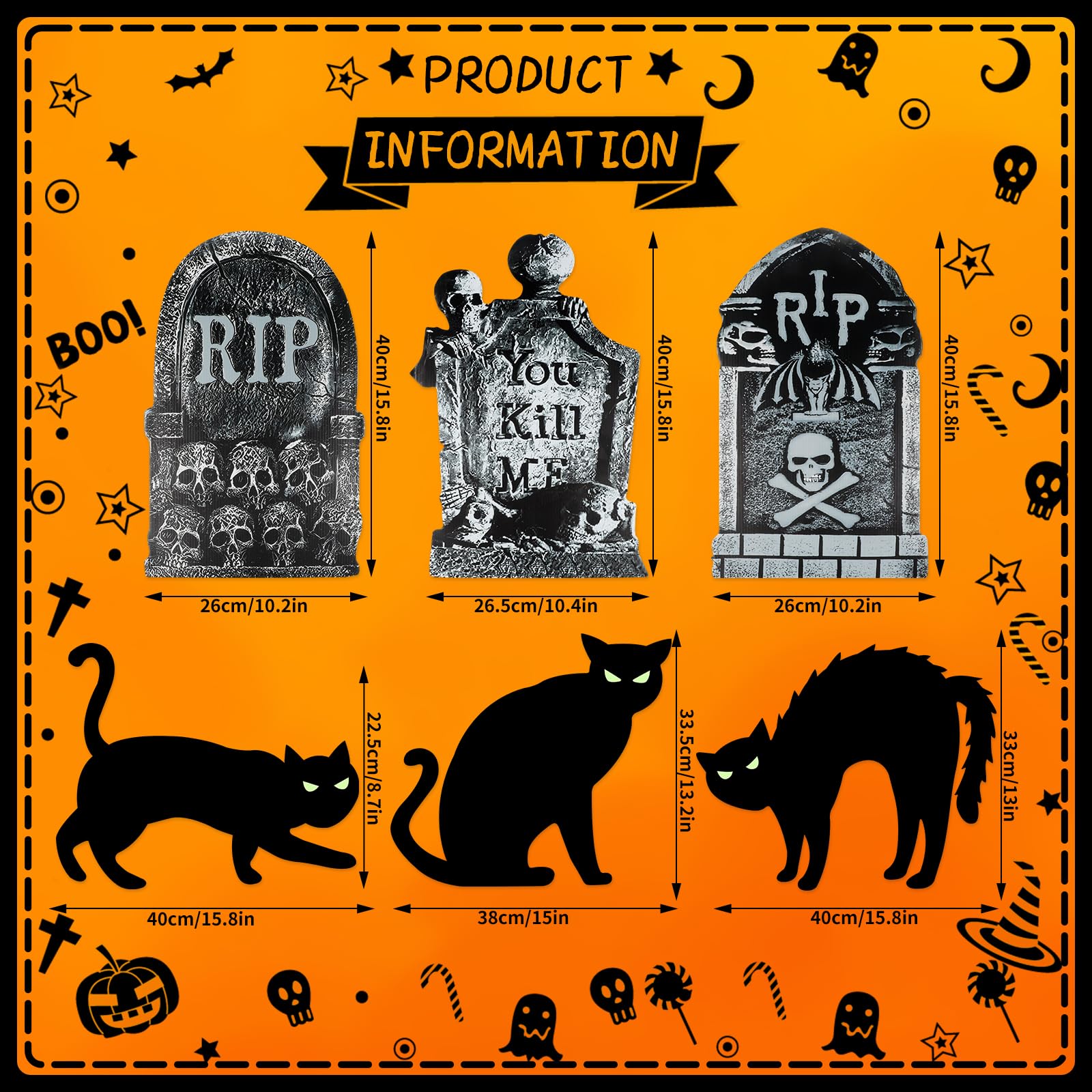 Fangoo 3 Pcs RIP Halloween Tombstone and 3Pcs Black Cat Yard Signs Halloween Gravestones Decorations Terrifying Halloween Outdoo